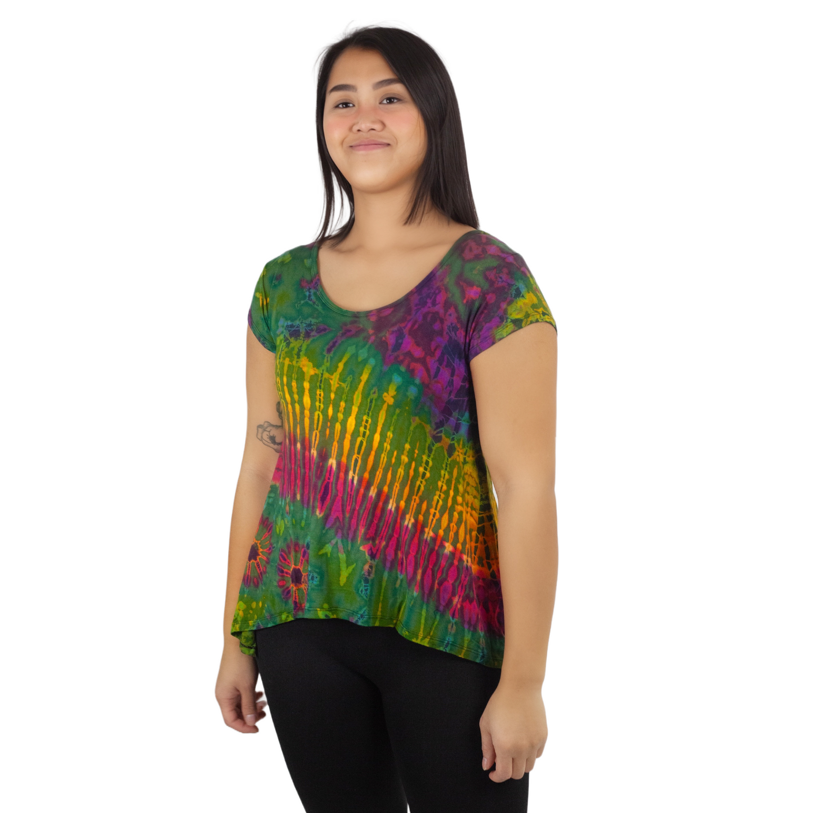 Full Tie-Dye Cap Sleeve Button Back Rayon Top