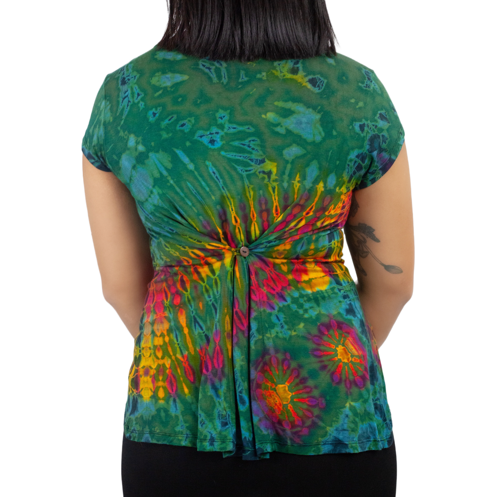 Full Tie-Dye Cap Sleeve Button Back Rayon Top
