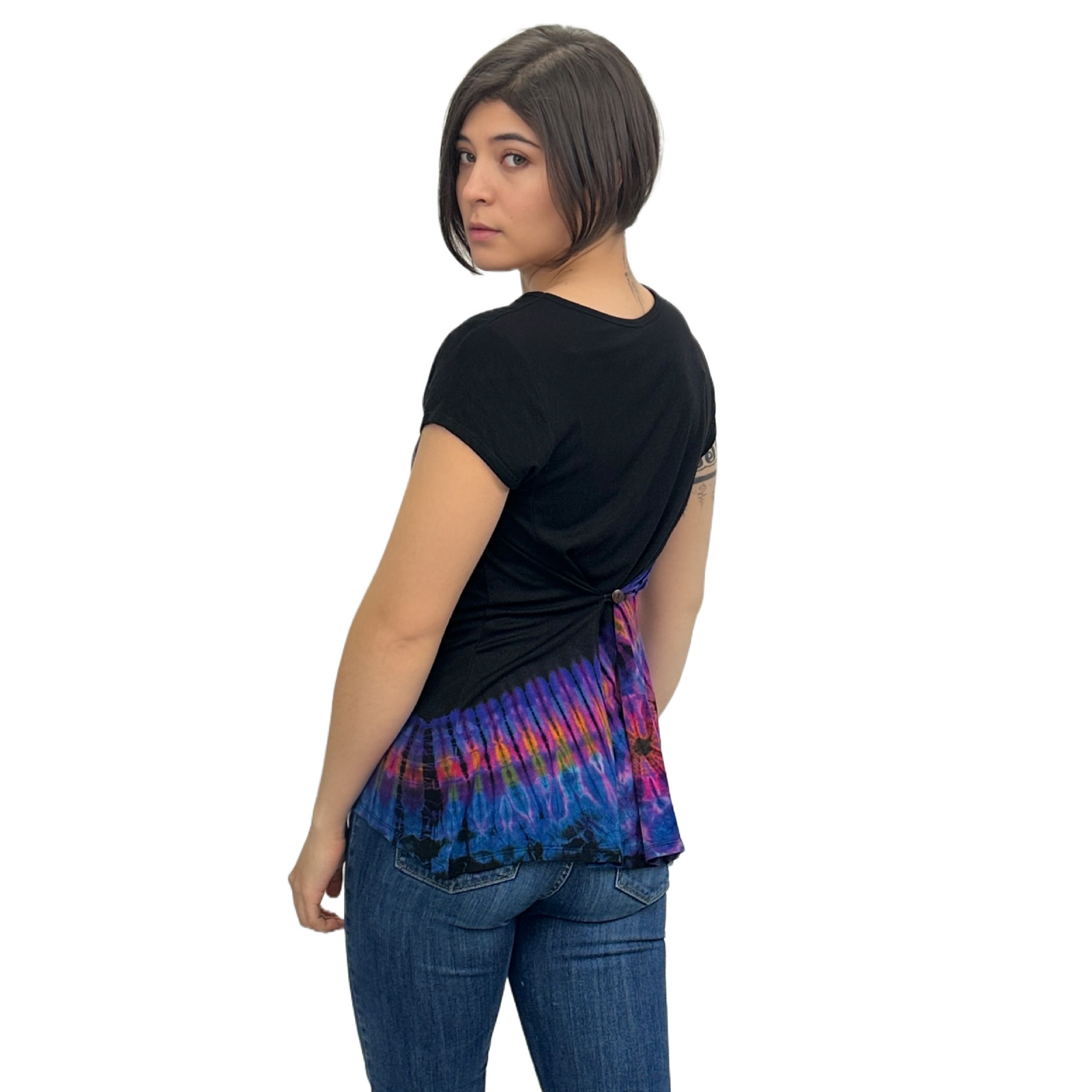 Half Tie-Dye Cap Sleeve Button Back Rayon Top