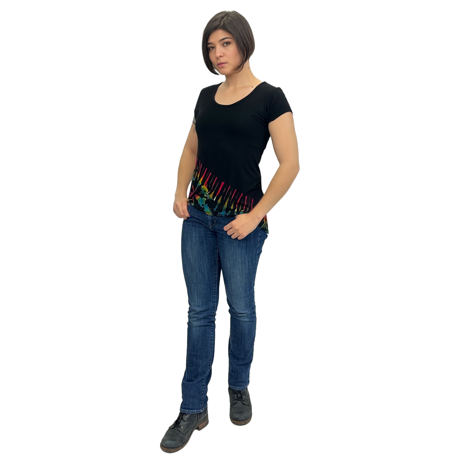 Half Tie-Dye Cap Sleeve Button Back Rayon Top