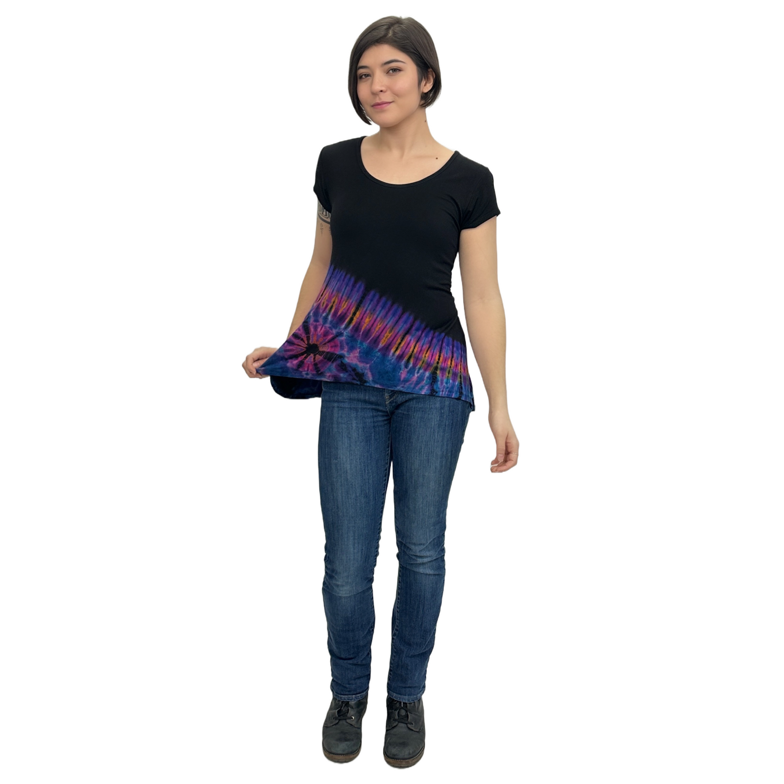 Half Tie-Dye Cap Sleeve Button Back Rayon Top