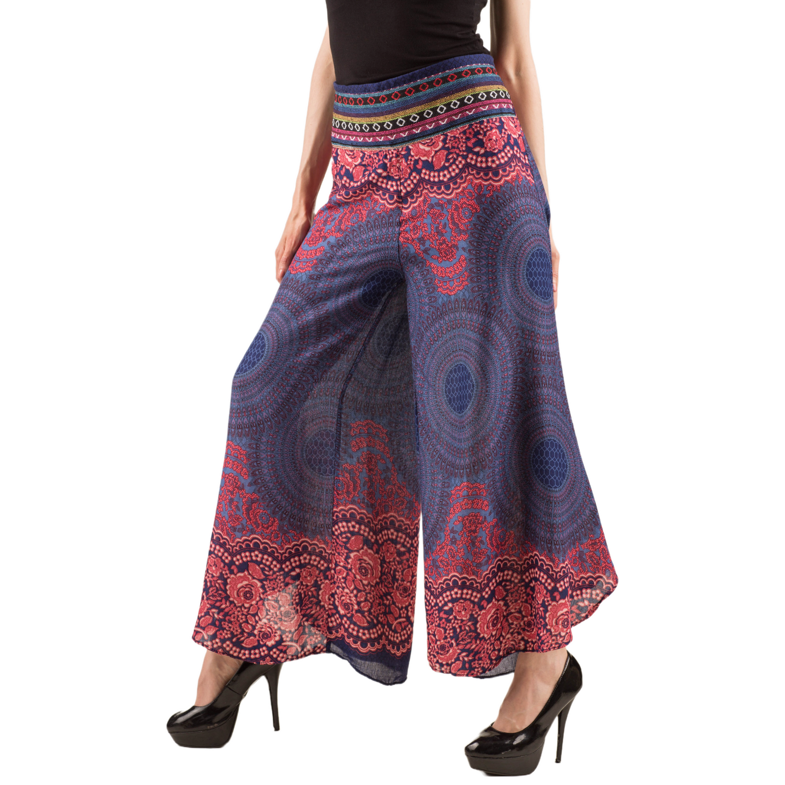 Honeycomb Flower Mandala Embroidered Waistband Rayon Palazzo Pants