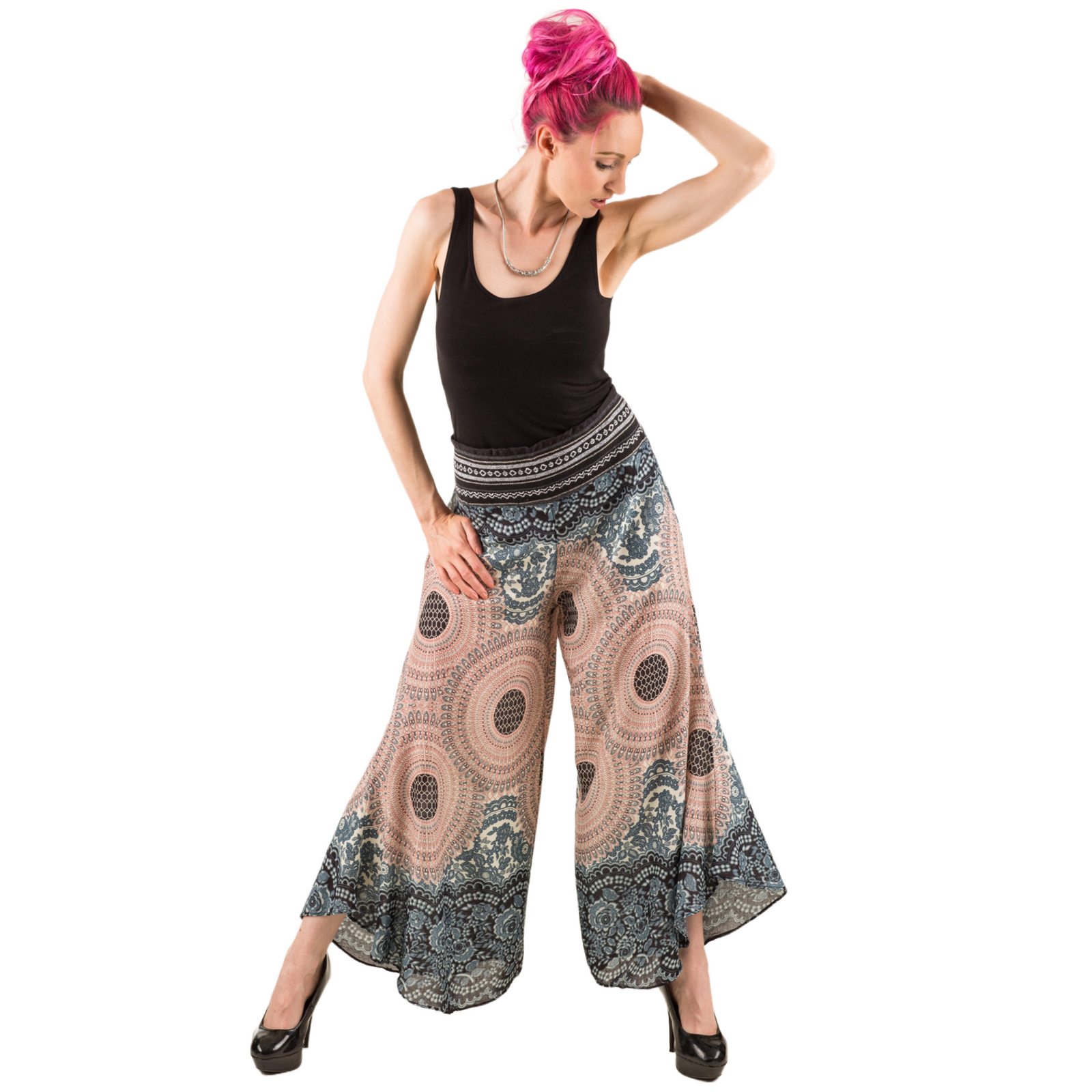 Honeycomb Flower Mandala Embroidered Waistband Rayon Palazzo Pants