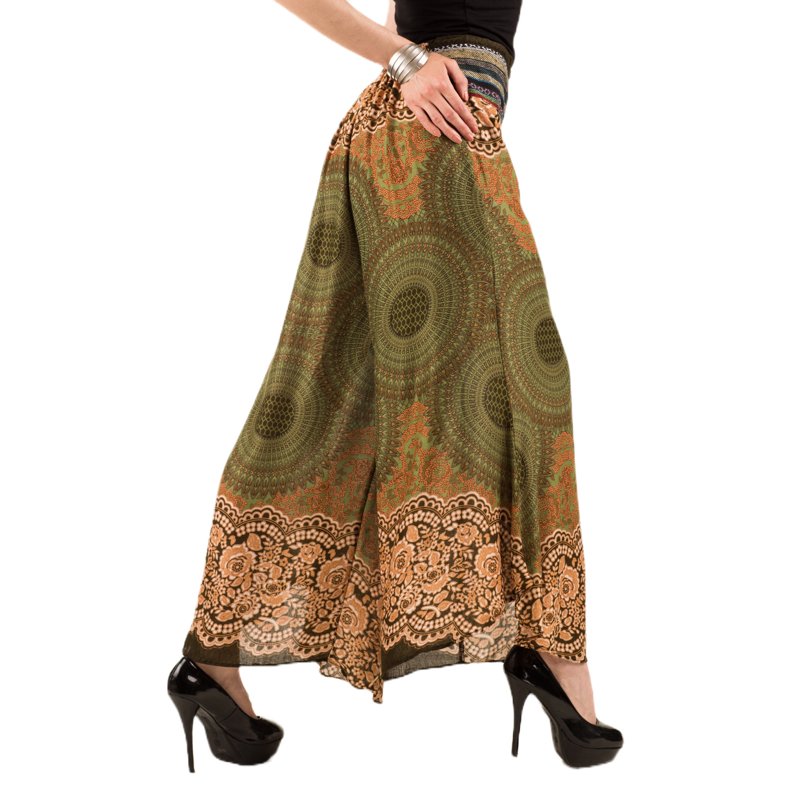 Honeycomb Flower Mandala Embroidered Waistband Rayon Palazzo Pants