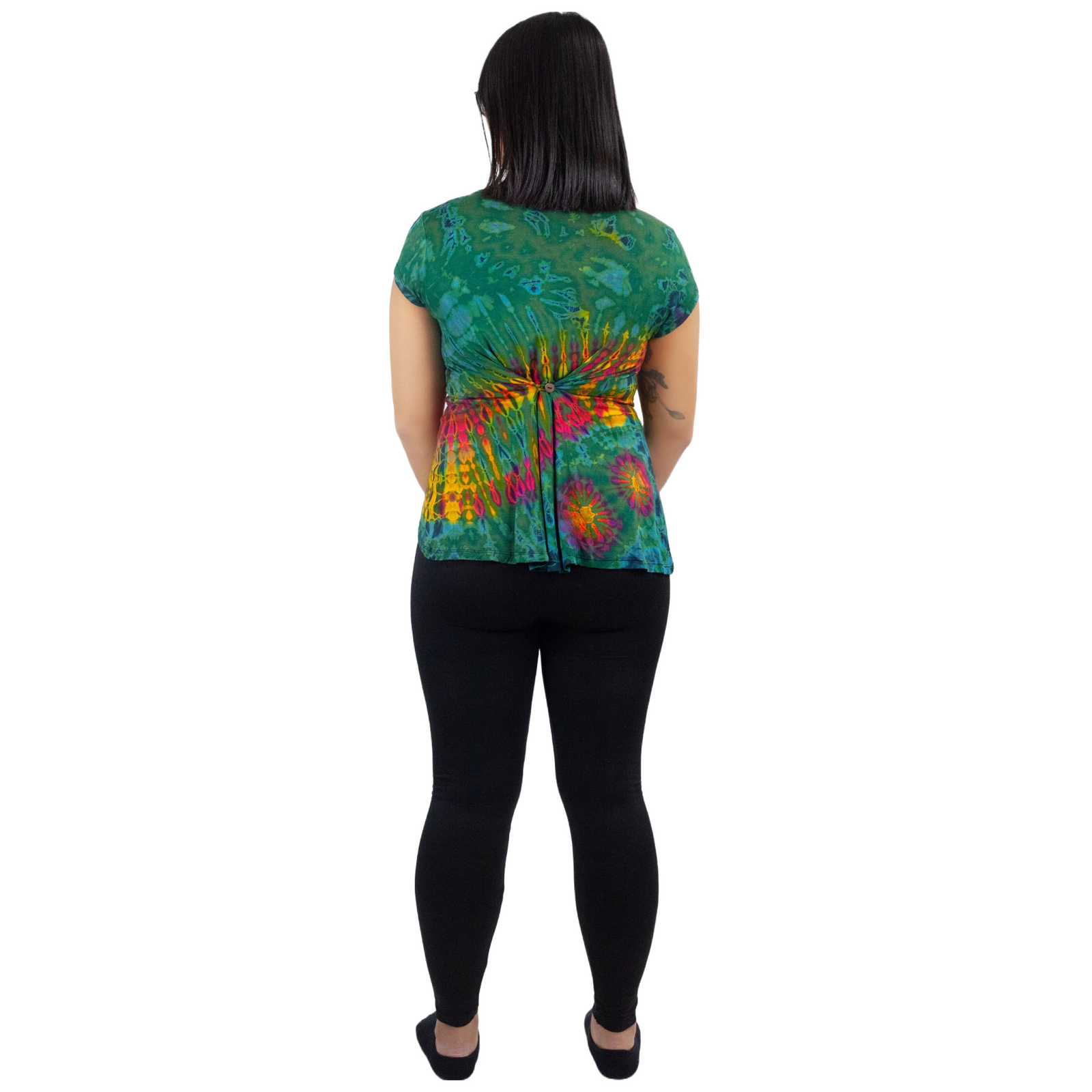 Full Tie-Dye Cap Sleeve Button Back Rayon Top