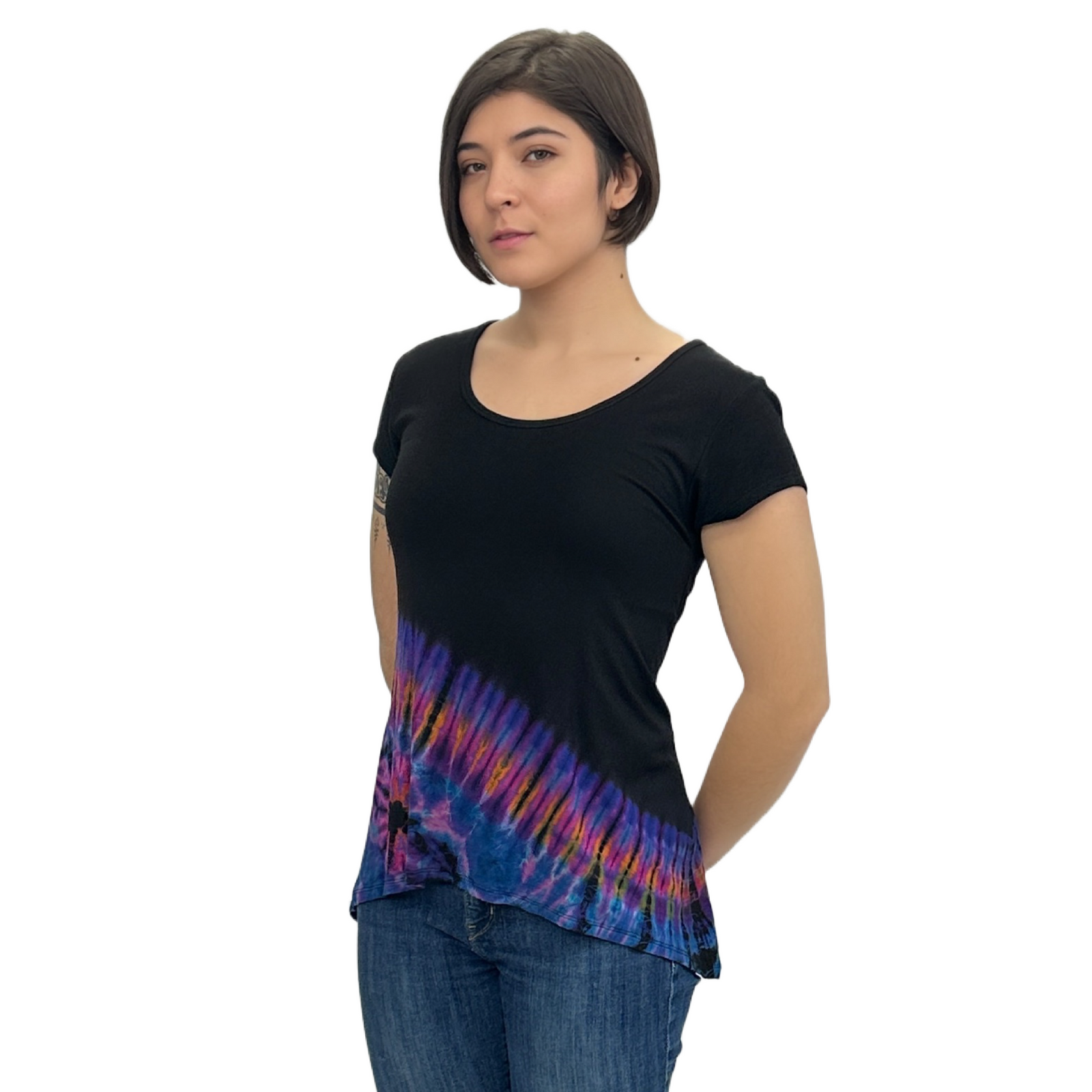 Half Tie-Dye Cap Sleeve Button Back Rayon Top