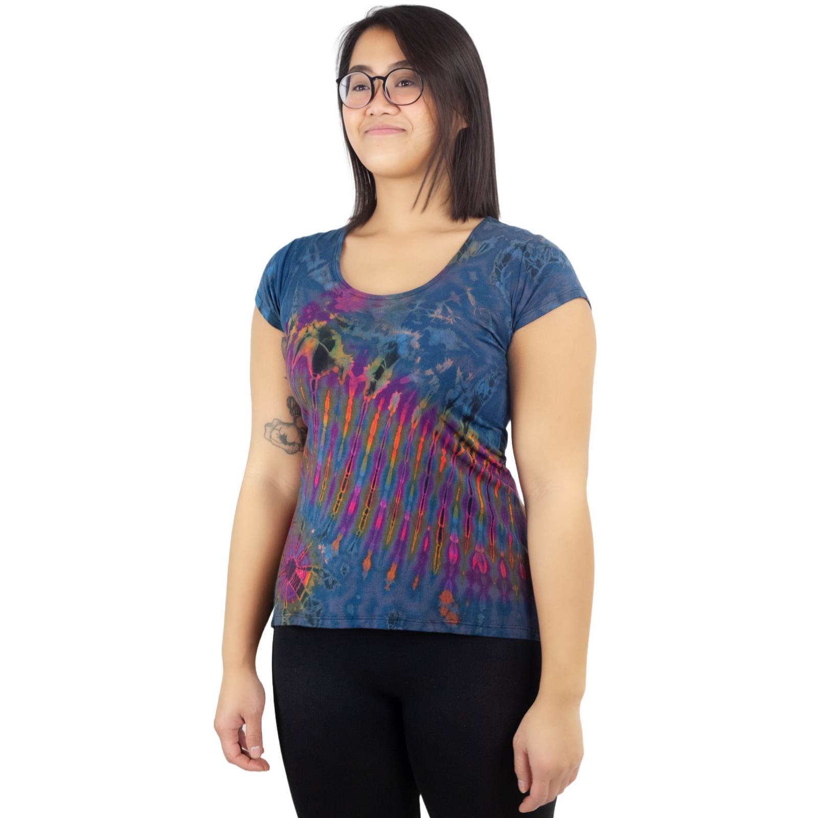 Full Tie-Dye Cap Sleeve Button Back Rayon Top