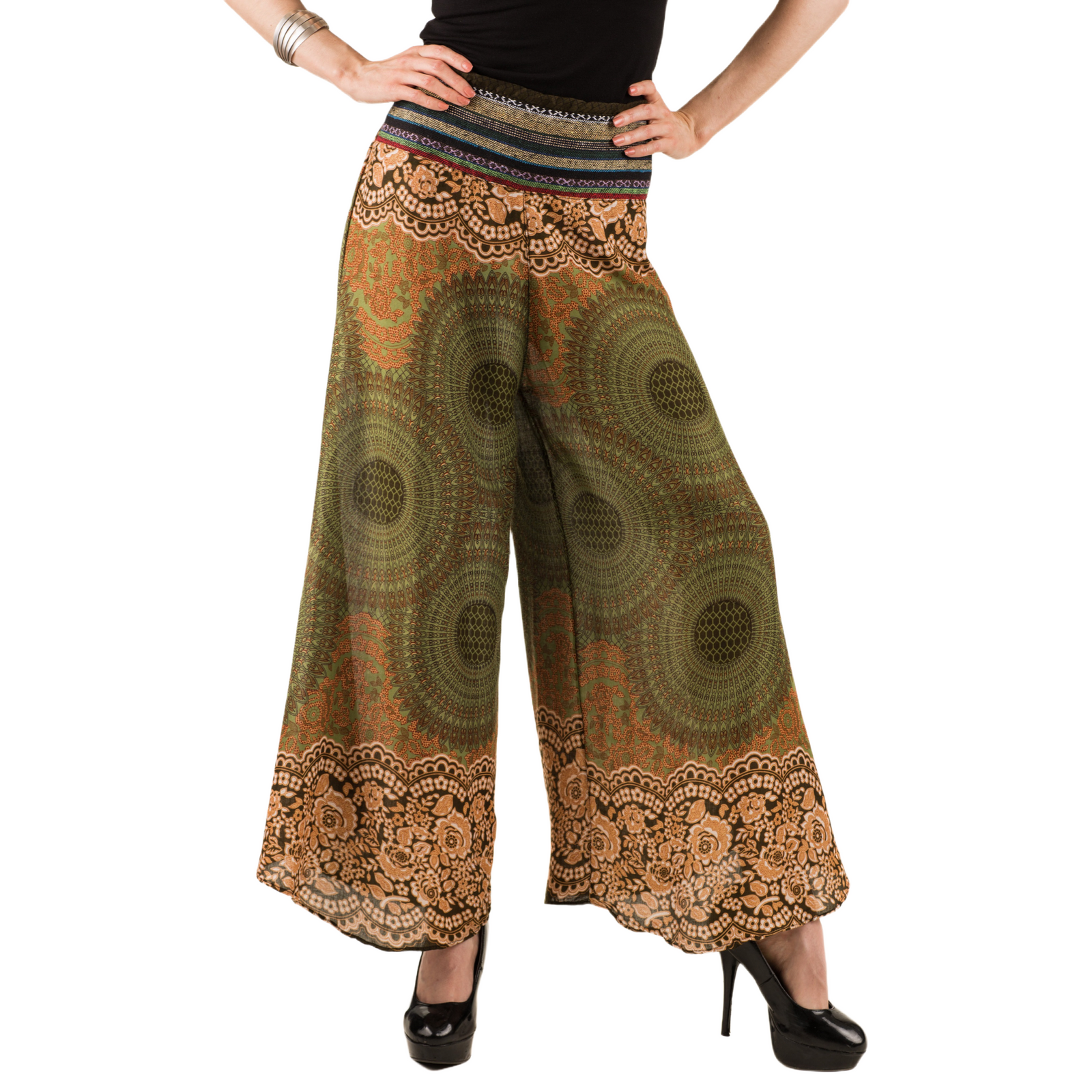 Honeycomb Flower Mandala Embroidered Waistband Rayon Palazzo Pants