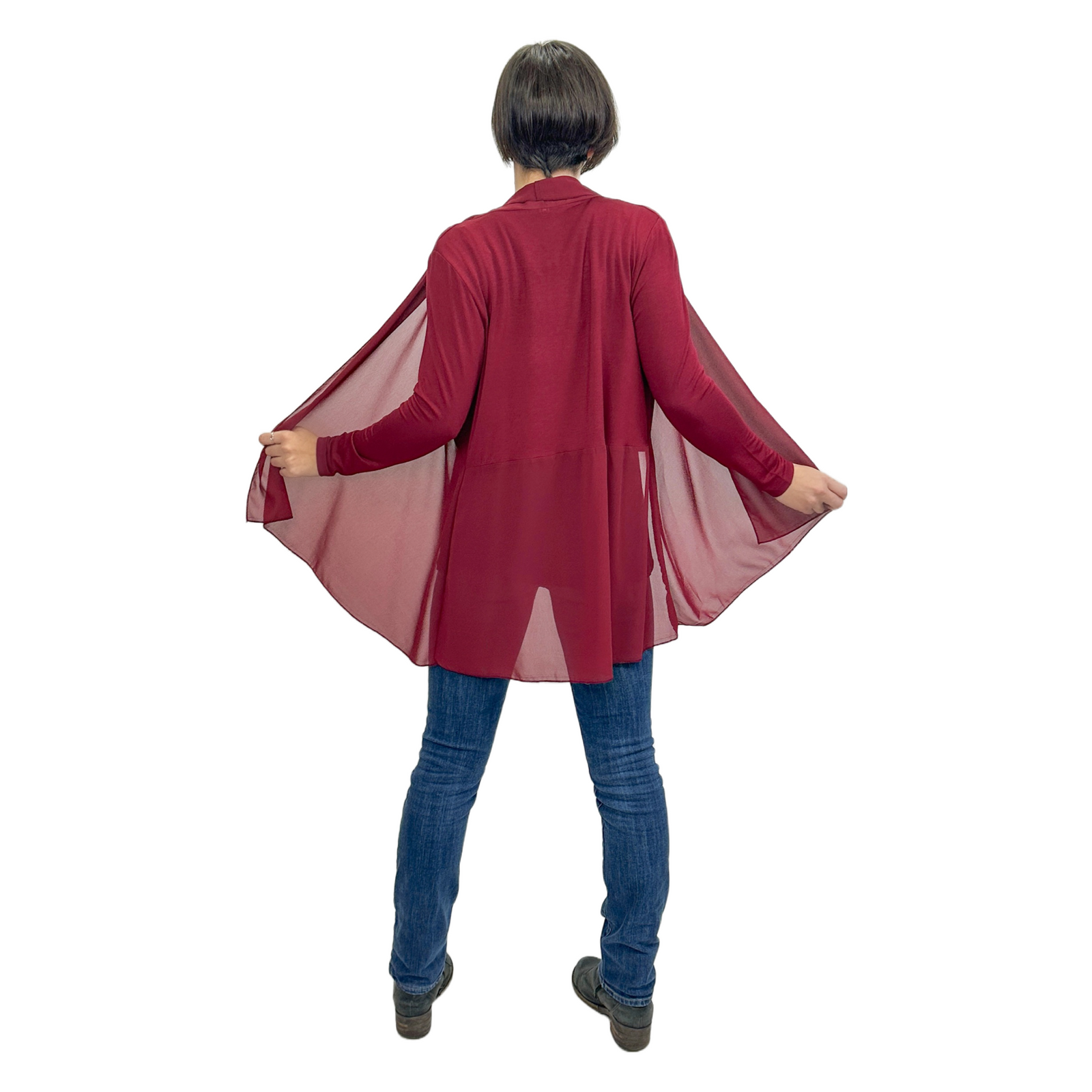 Elegant Chiffon Accented Stretchy Rayon Cardigan