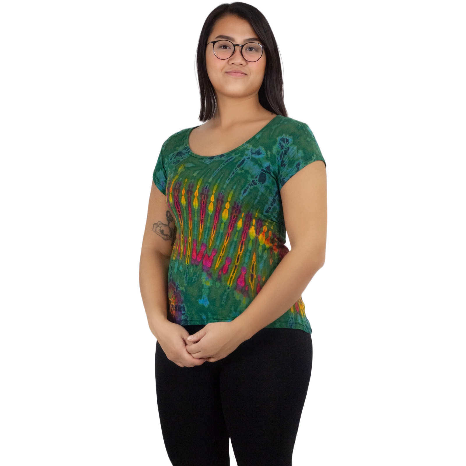 Full Tie-Dye Cap Sleeve Button Back Rayon Top