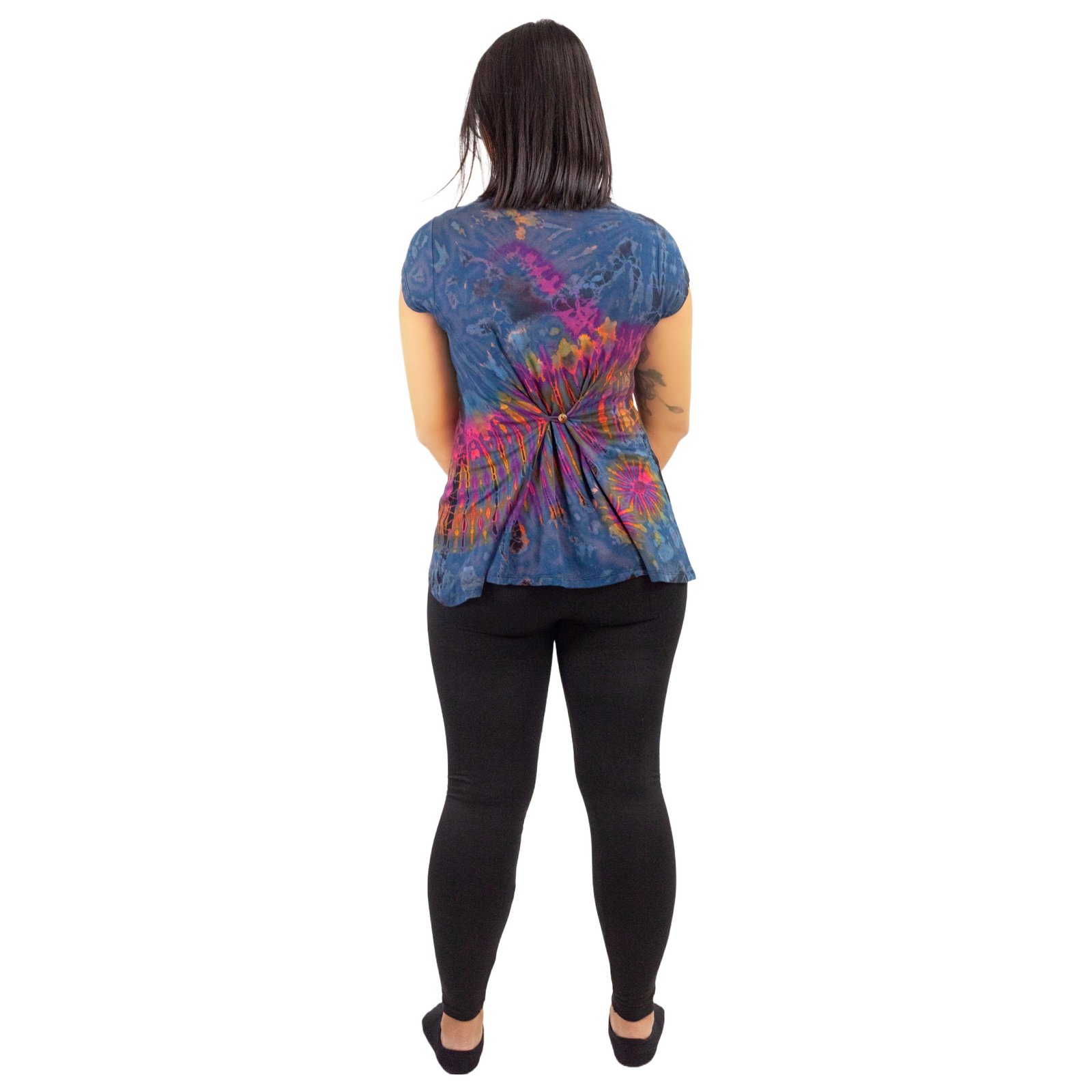 Full Tie-Dye Cap Sleeve Button Back Rayon Top