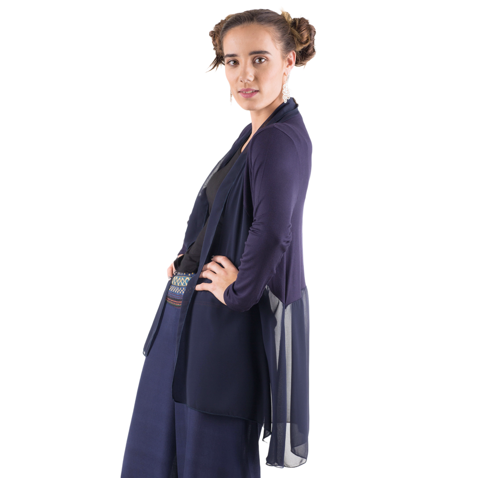 Elegant Chiffon Accented Stretchy Rayon Cardigan