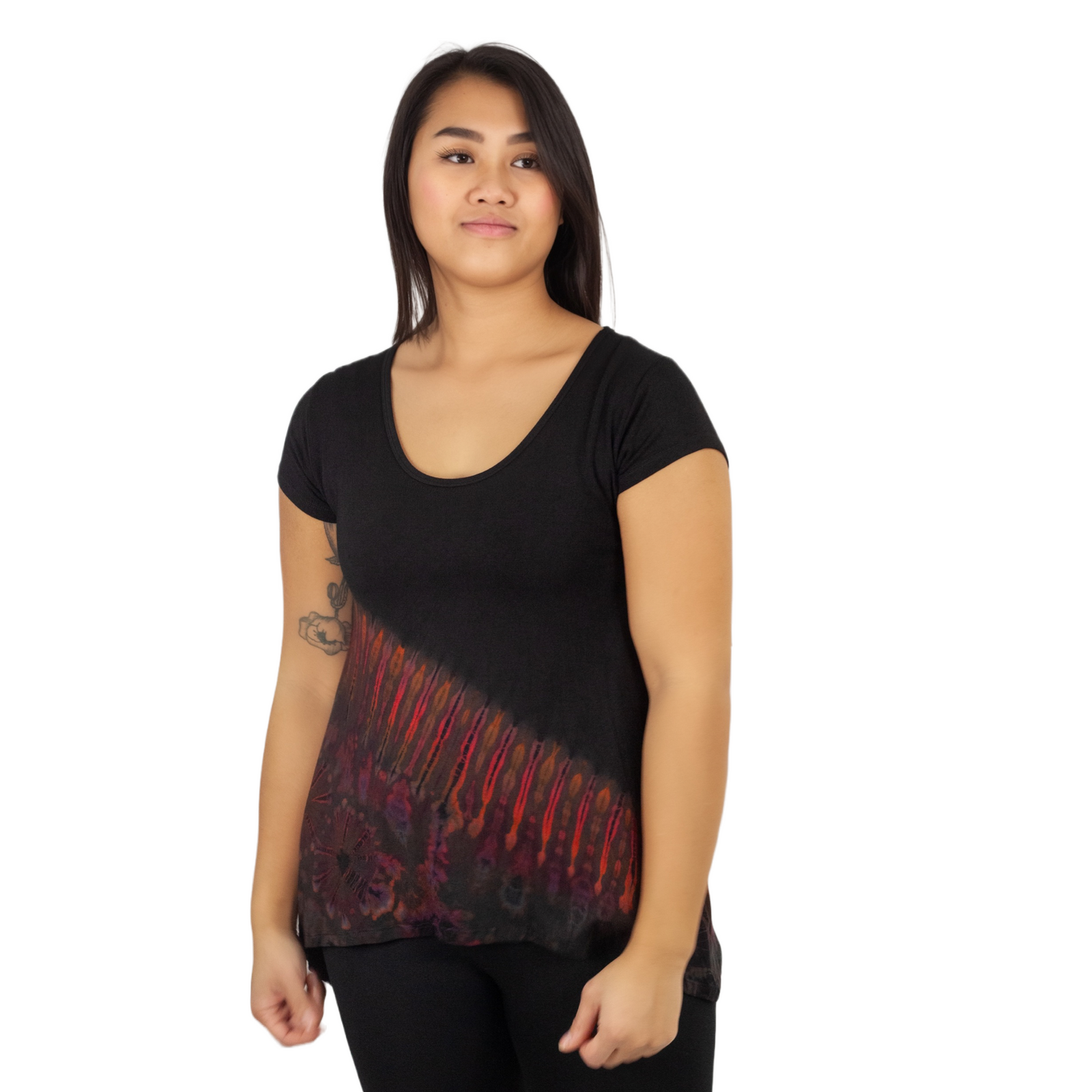 Half Tie-Dye Cap Sleeve Button Back Rayon Top