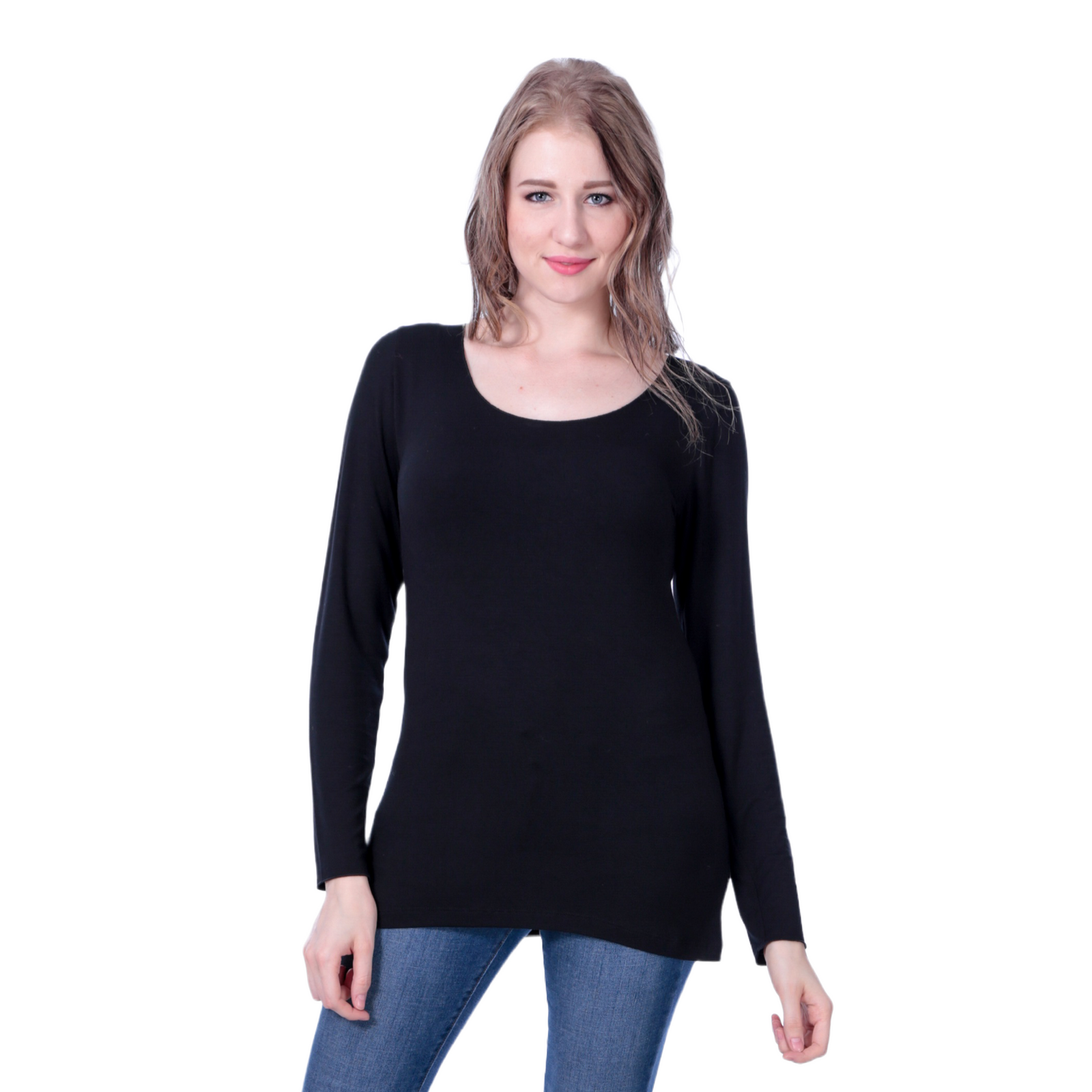 Classic Colors Fitted Long Sleeve Scoop Neck Stretchy Rayon Top