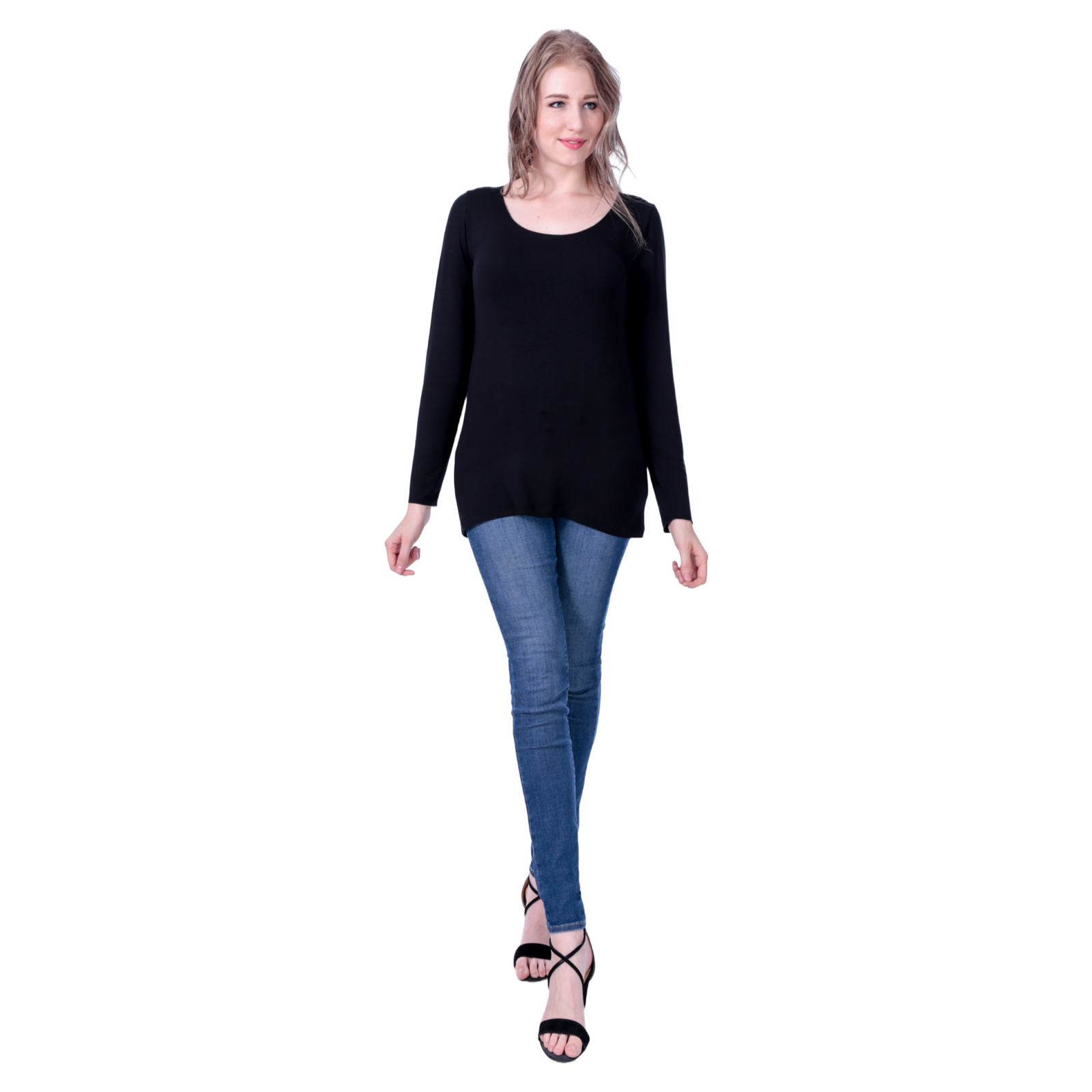 Classic Colors Fitted Long Sleeve Scoop Neck Stretchy Rayon Top