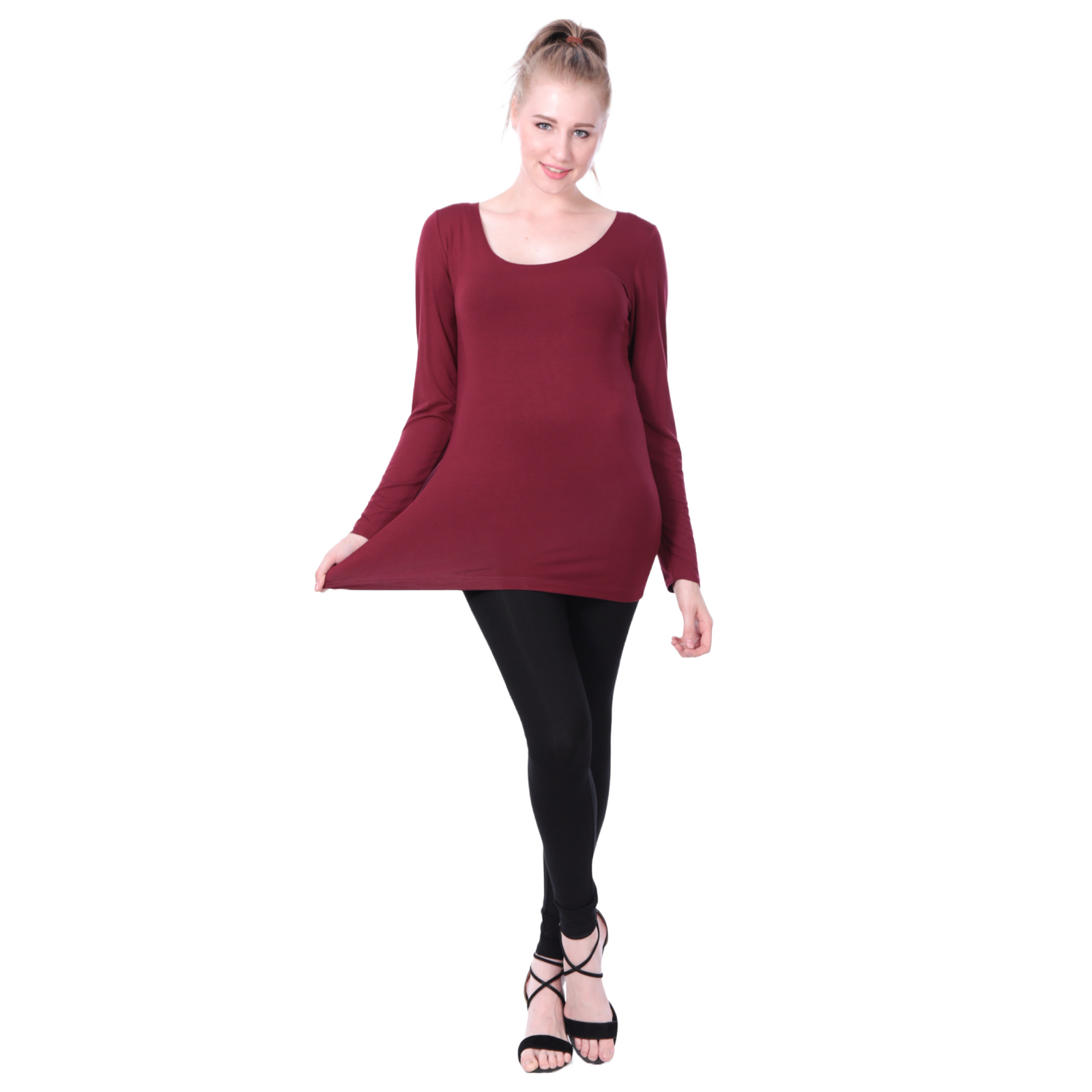Classic Colors Fitted Long Sleeve Scoop Neck Stretchy Rayon Top