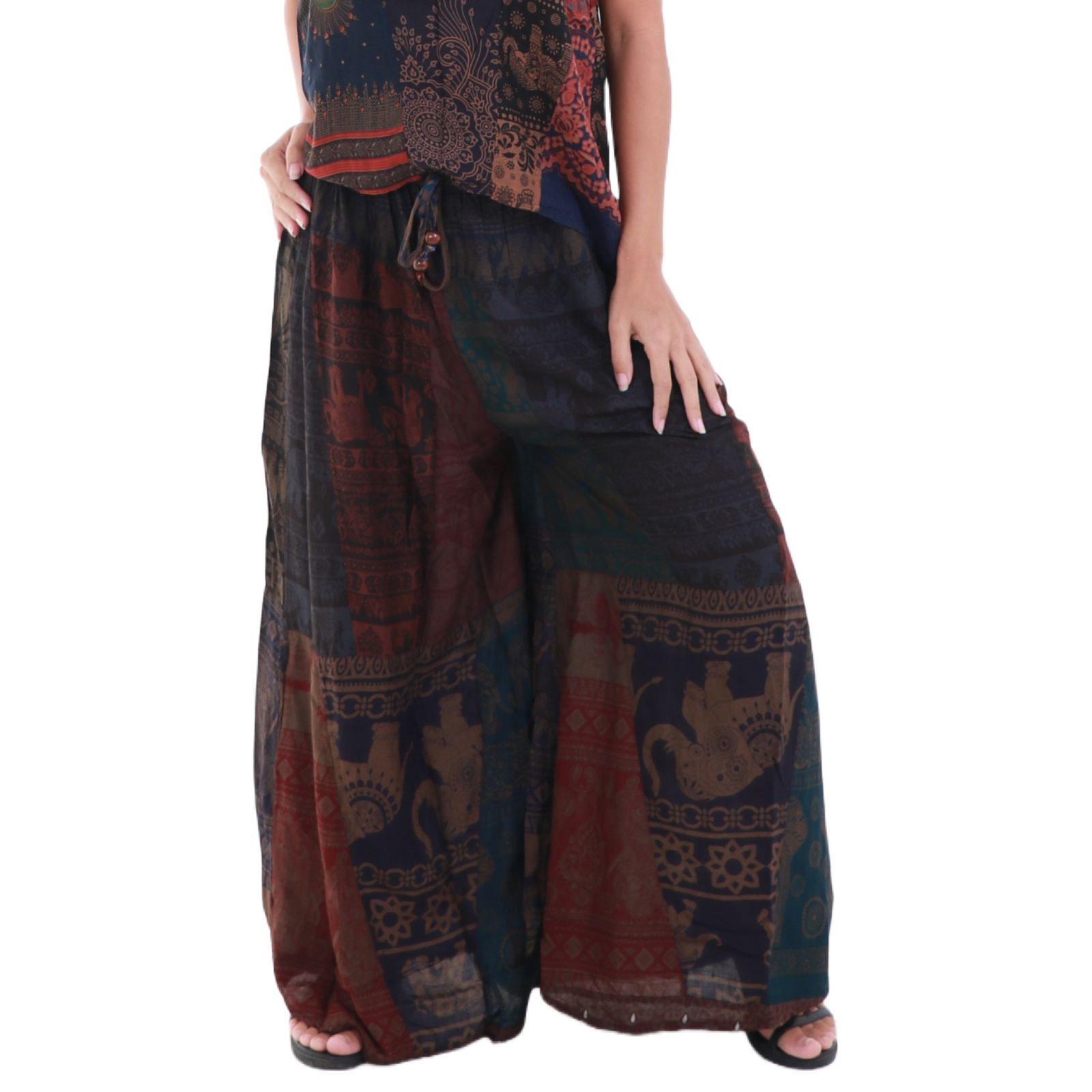 Upcycled Rayon Patchwork Wide-Leg Drawstring Pants
