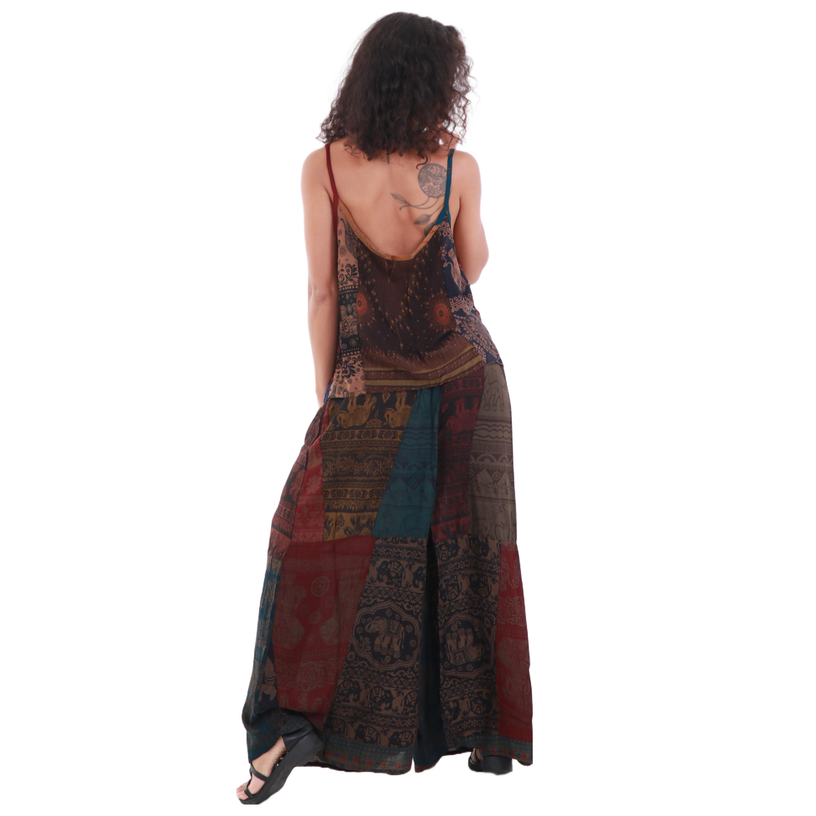 Upcycled Rayon Patchwork Wide-Leg Drawstring Pants