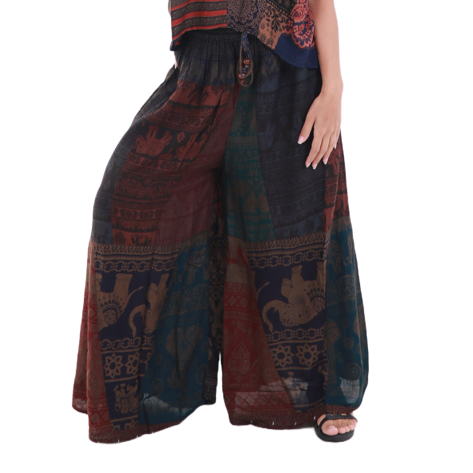 Upcycled Rayon Patchwork Wide-Leg Drawstring Pants