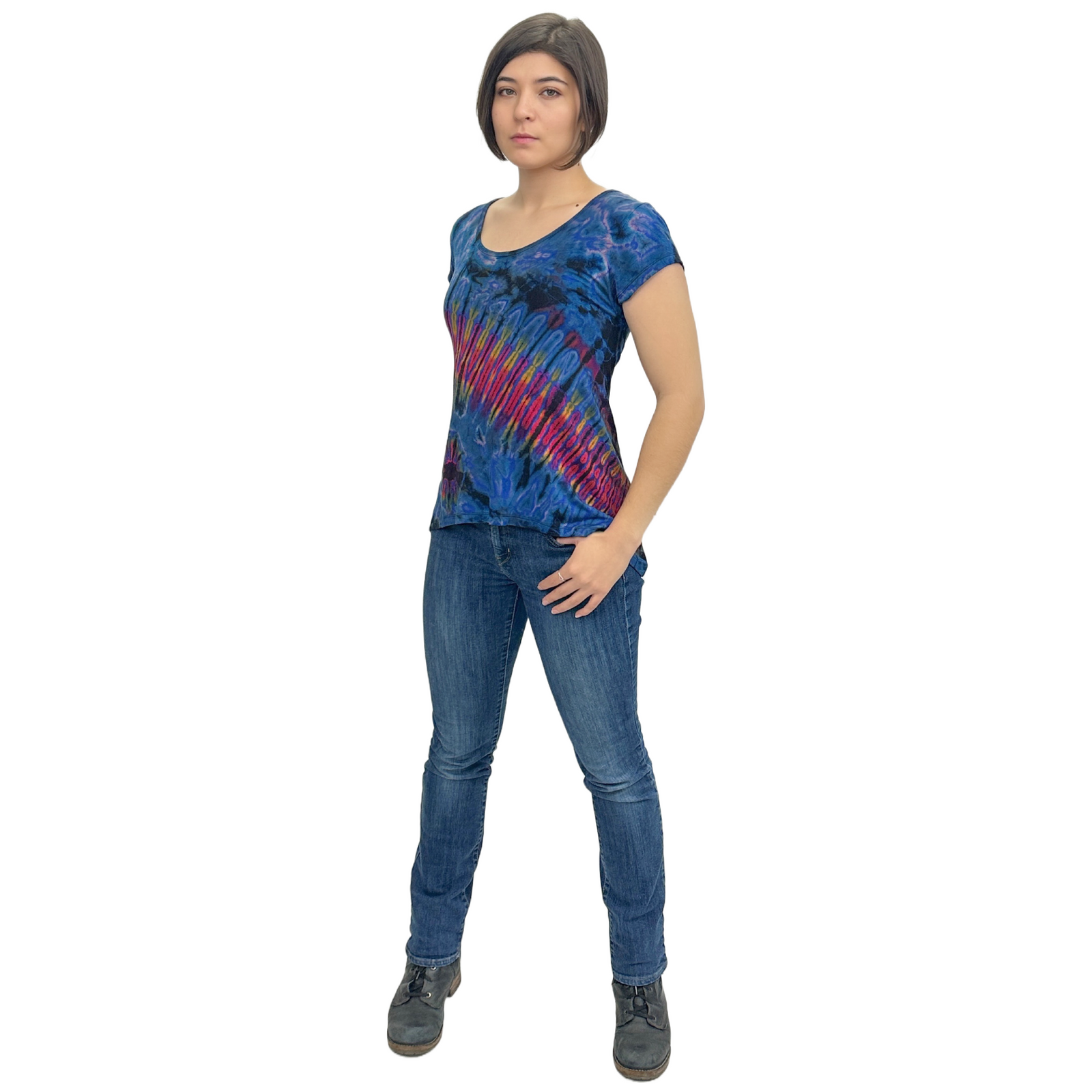 Full Tie-Dye Cap Sleeve Button Back Rayon Top