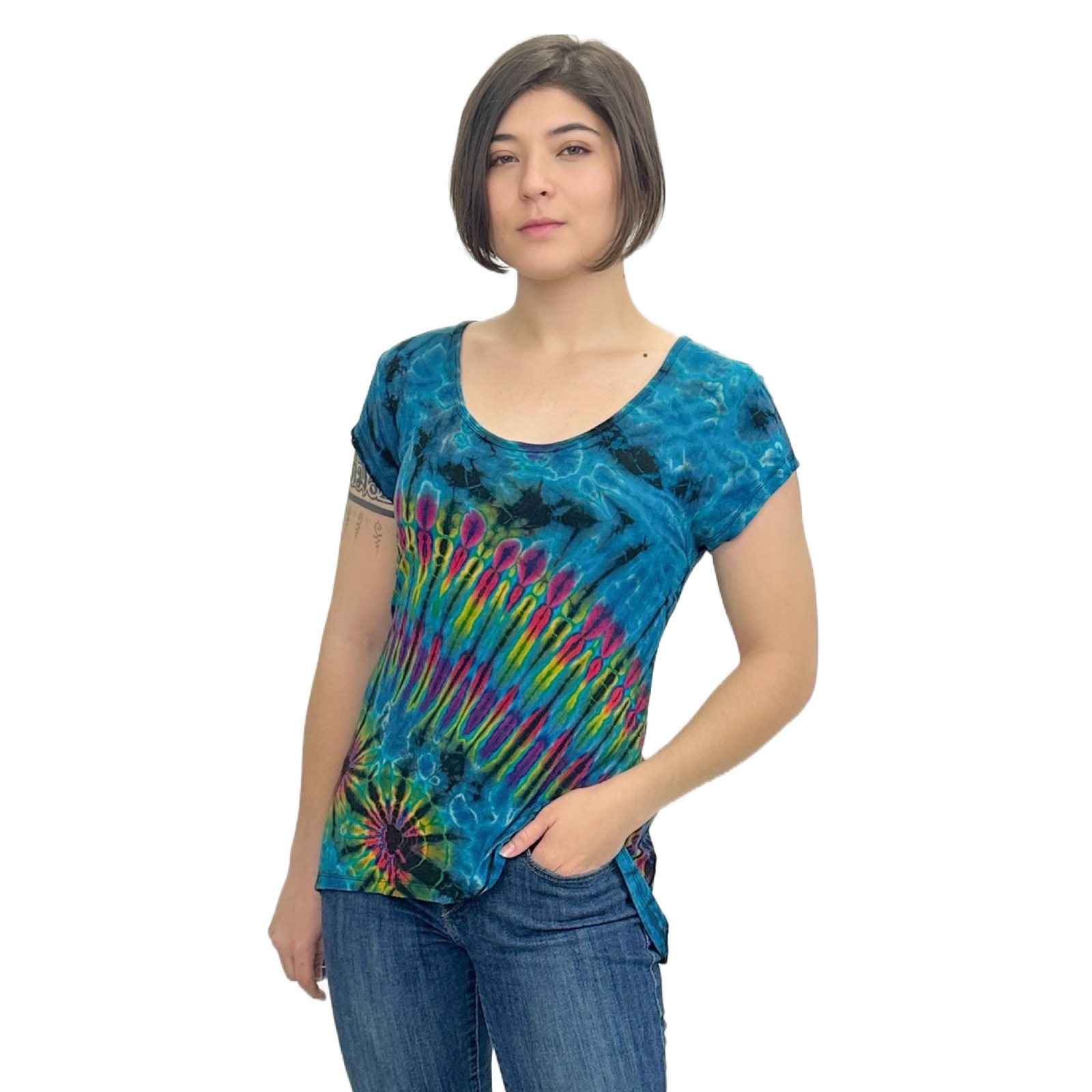 Full Tie-Dye Cap Sleeve Button Back Rayon Top
