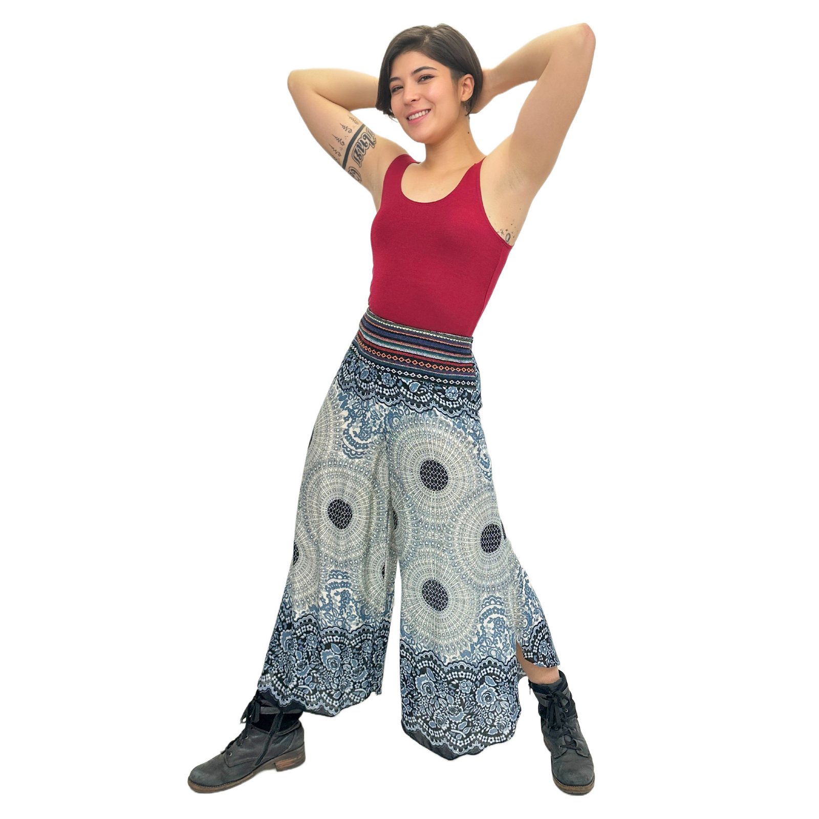 Honeycomb Flower Mandala Embroidered Waistband Rayon Palazzo Pants