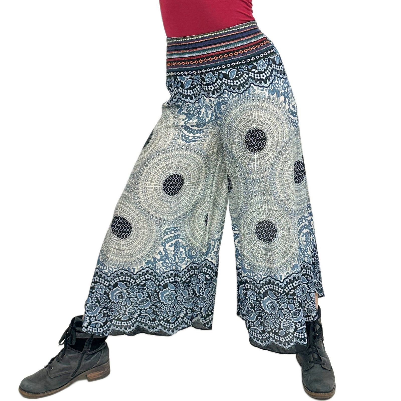 Honeycomb Flower Mandala Embroidered Waistband Rayon Palazzo Pants