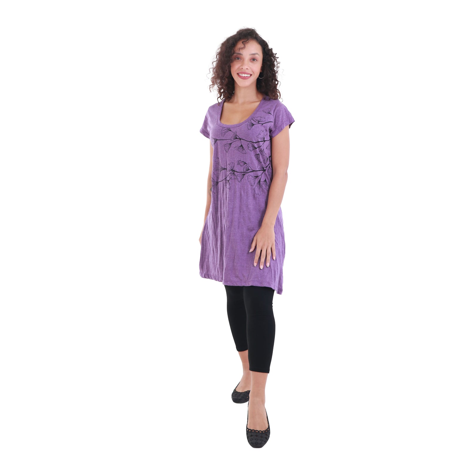 Gorgeous Ginkgo Graphic Design Short Sleeve Tunic Dress