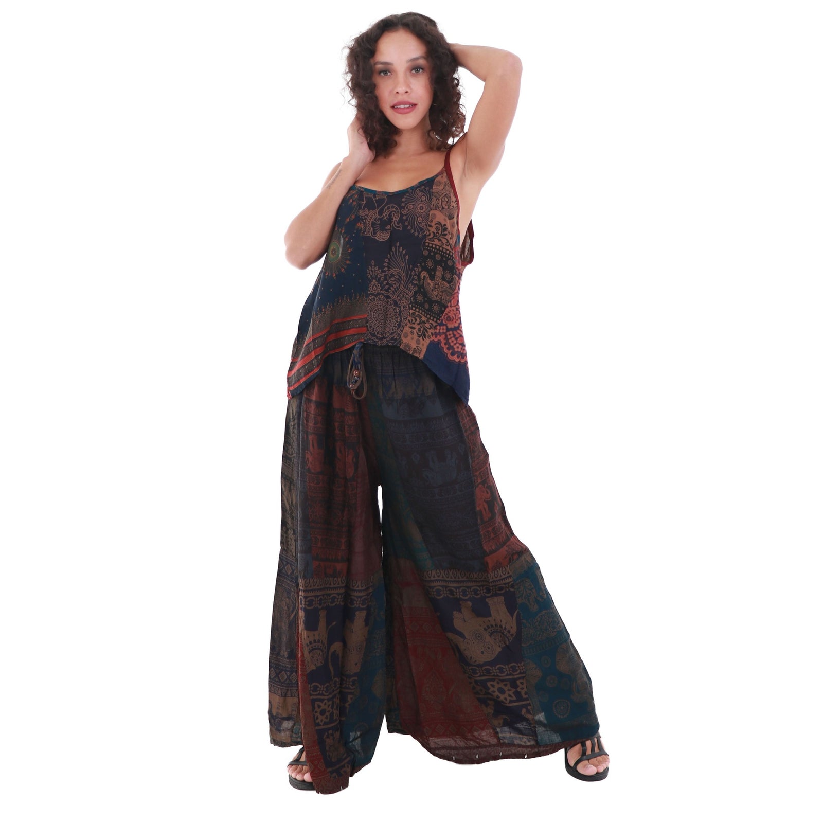 Upcycled Rayon Patchwork Wide-Leg Drawstring Pants
