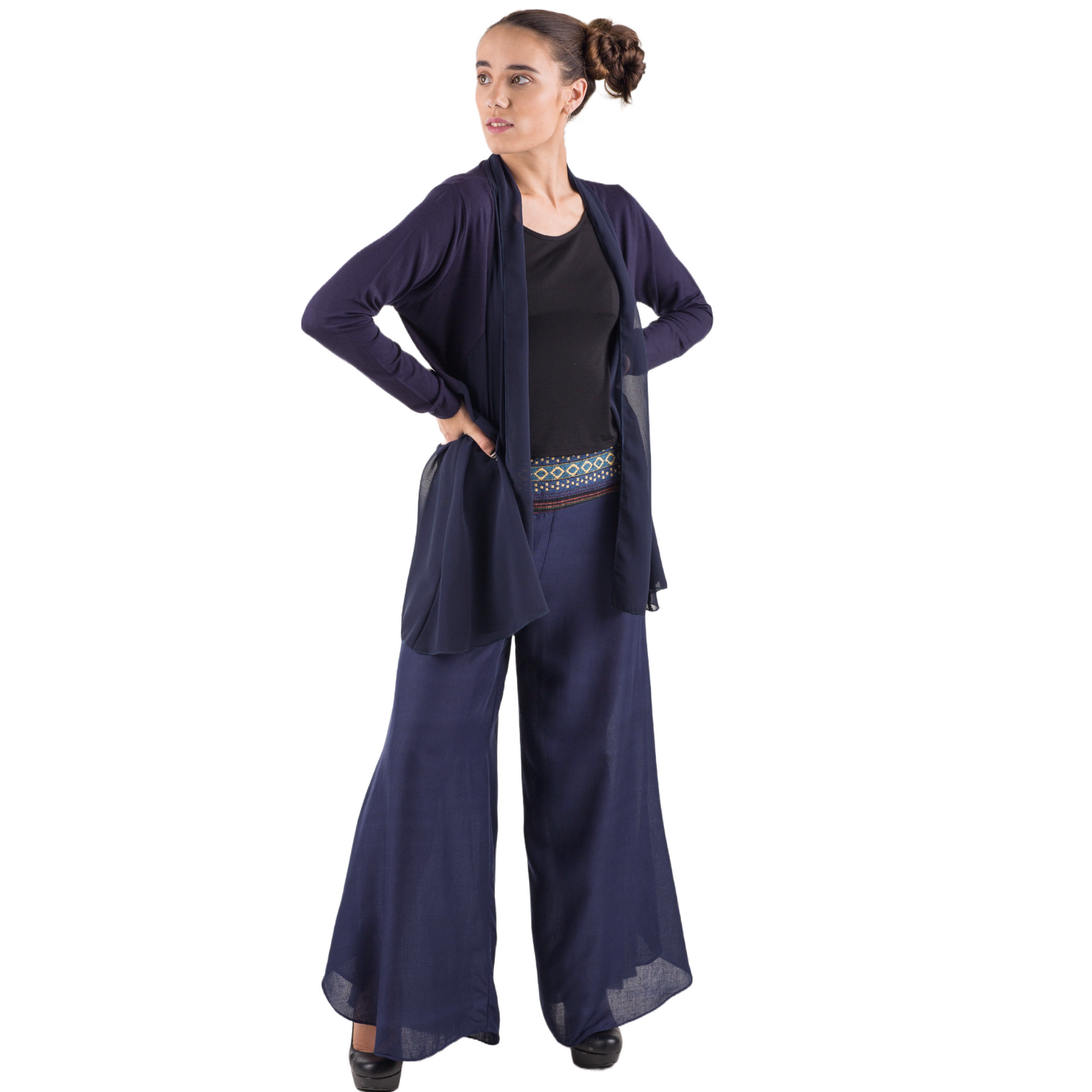 Elegant Chiffon Accented Stretchy Rayon Cardigan