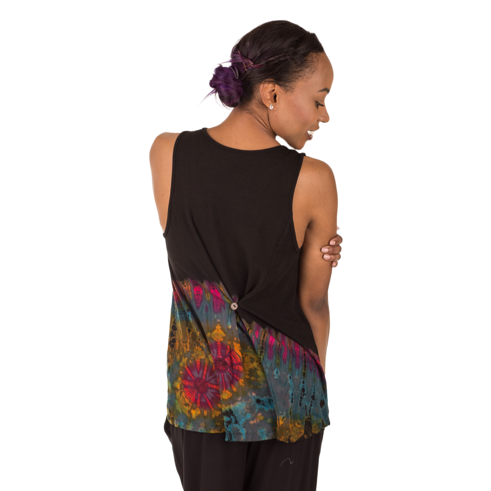 Half Tie-Dye Sleeveless Button Back Rayon Tank Top