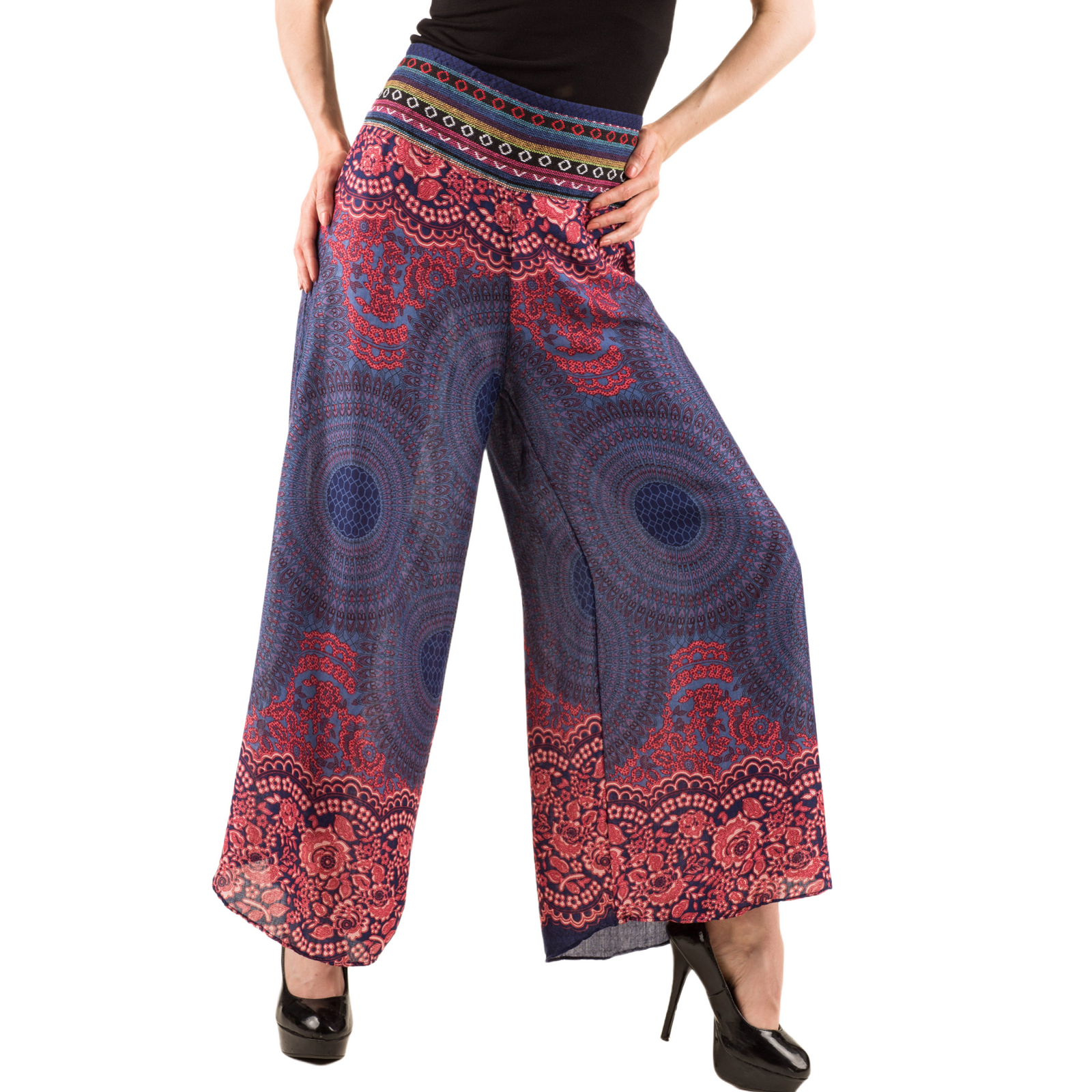 Honeycomb Flower Mandala Embroidered Waistband Rayon Palazzo Pants