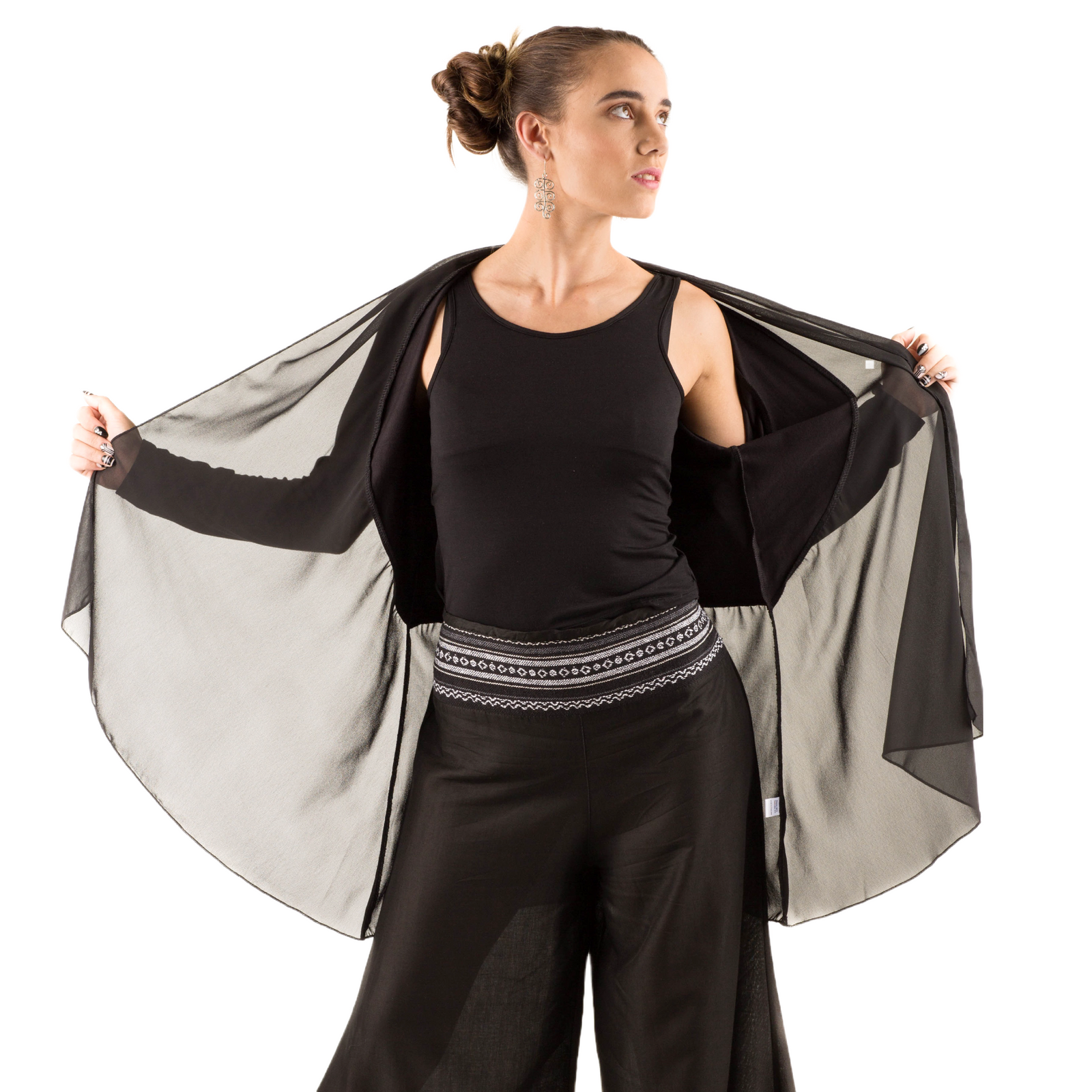 Elegant Chiffon Accented Stretchy Rayon Cardigan