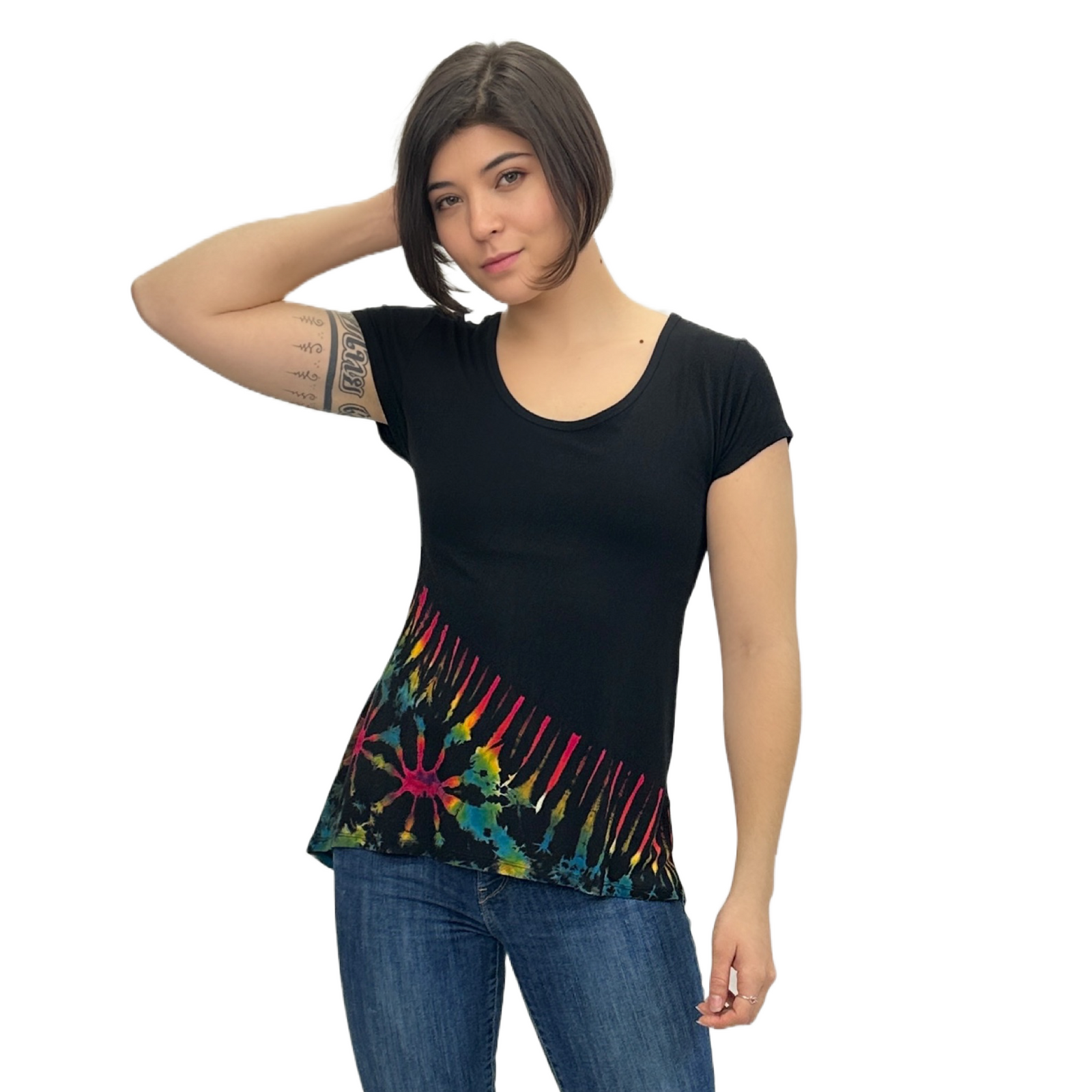 Half Tie-Dye Cap Sleeve Button Back Rayon Top