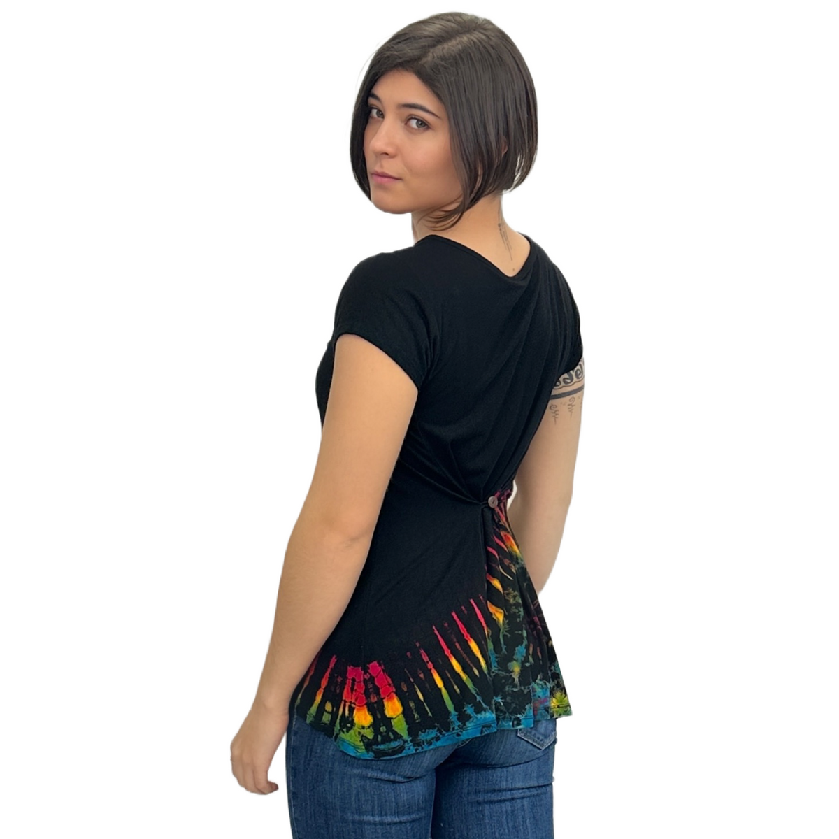 Half Tie-Dye Cap Sleeve Button Back Rayon Top