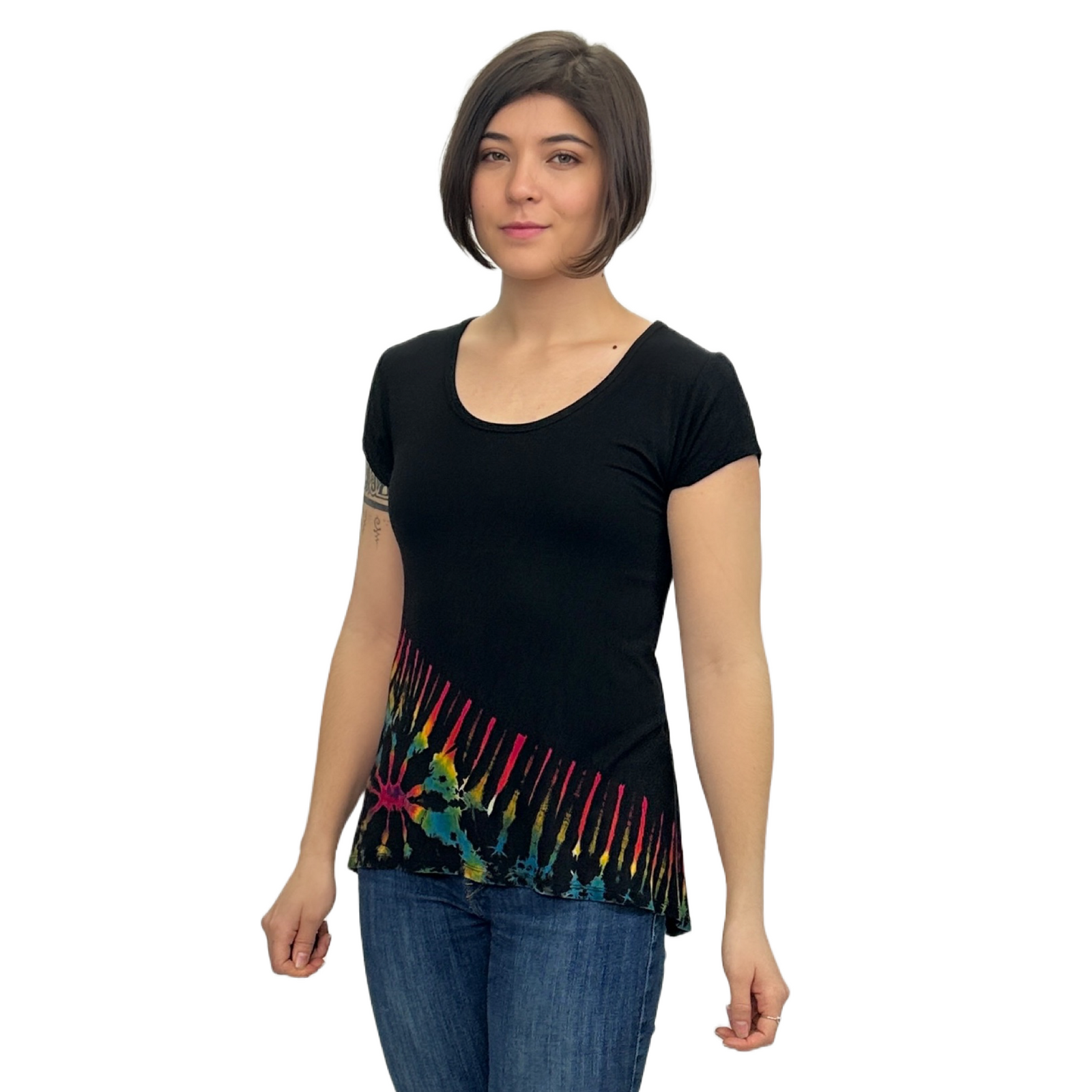 Half Tie-Dye Cap Sleeve Button Back Rayon Top