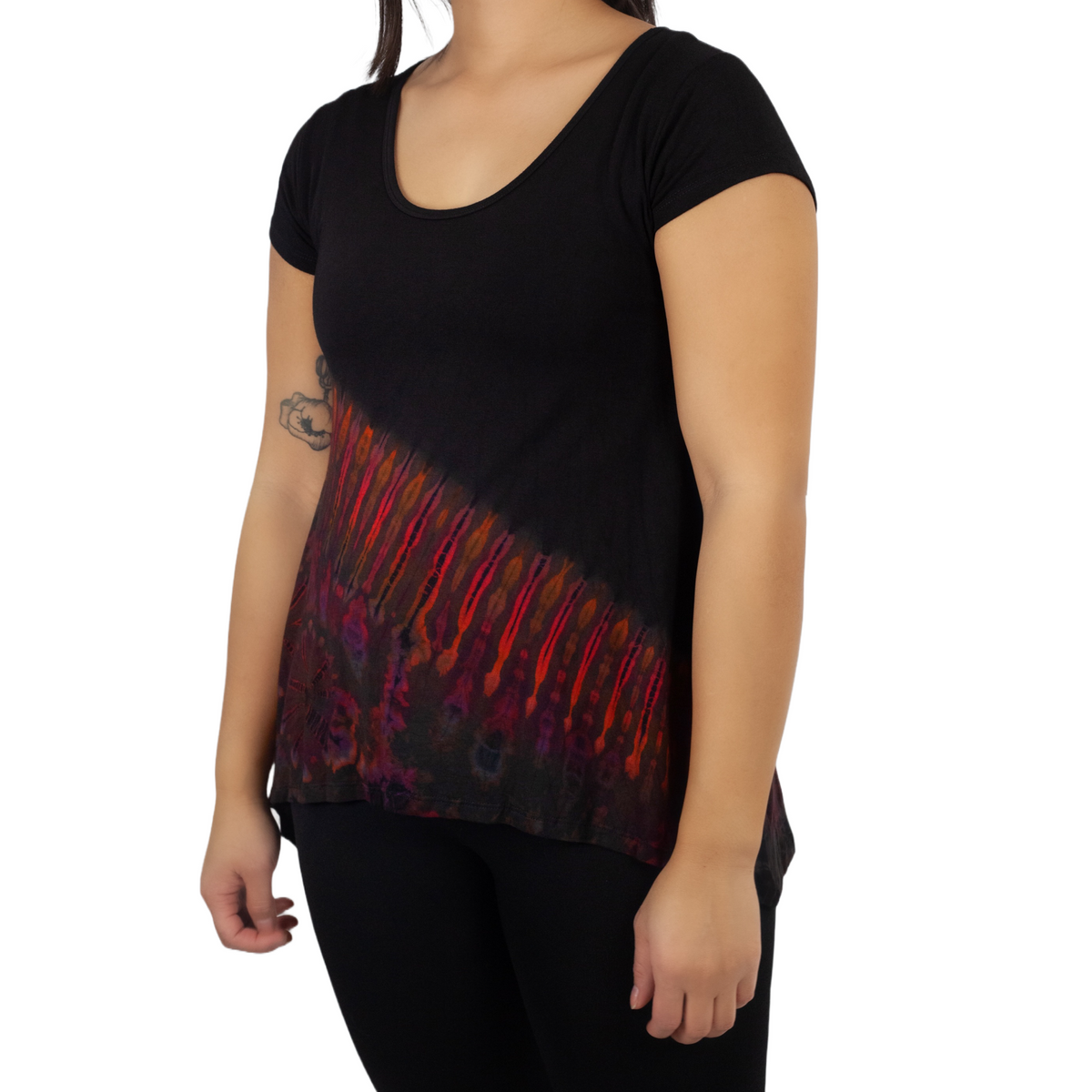 Half Tie-Dye Cap Sleeve Button Back Rayon Top