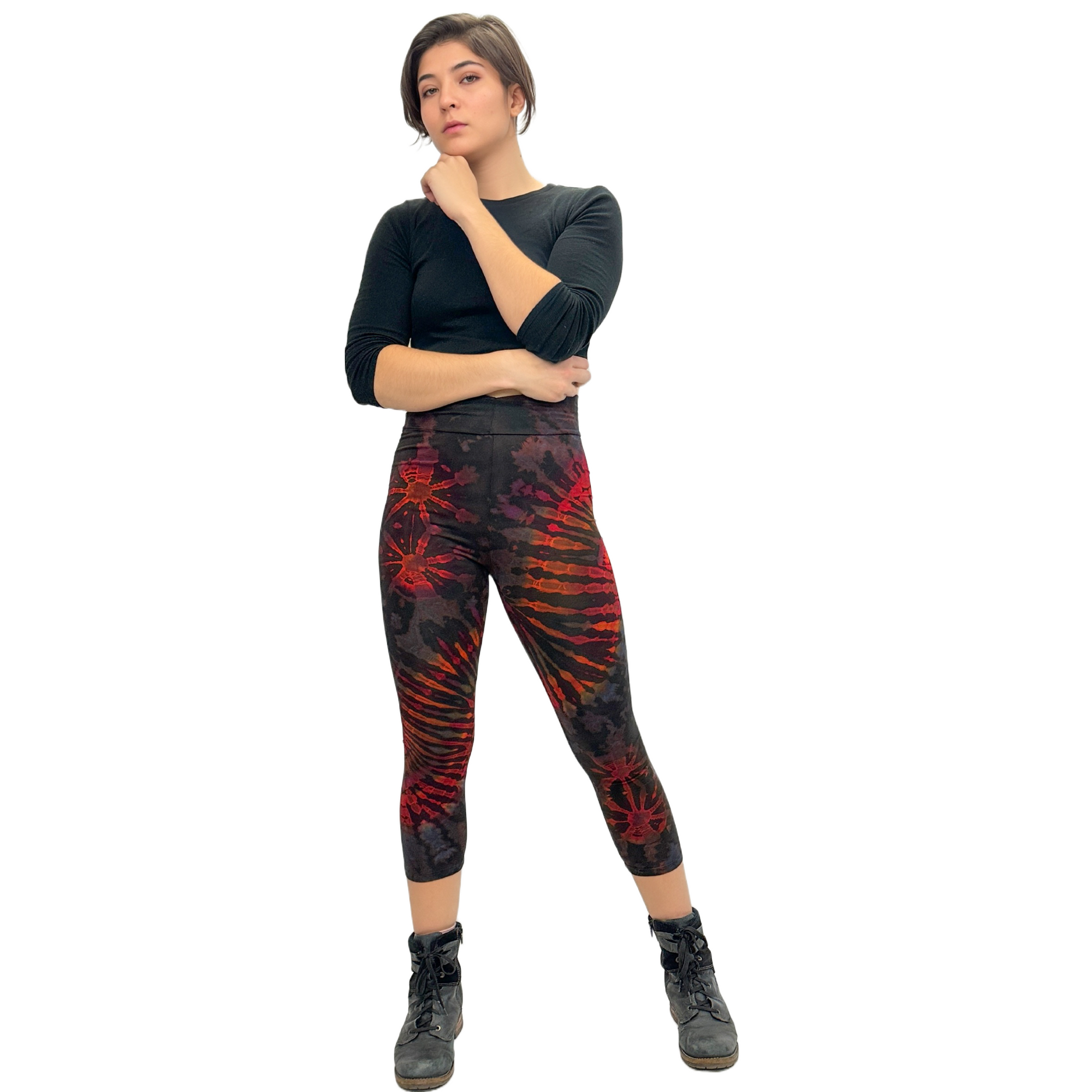 Yoga Style Banded Lined Tie Dye Printed Knit Capri Legging With