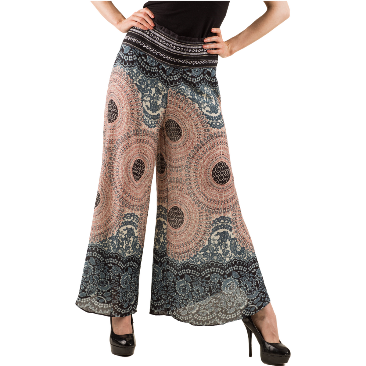 Honeycomb Flower Mandala Embroidered Waistband Rayon Palazzo Pants