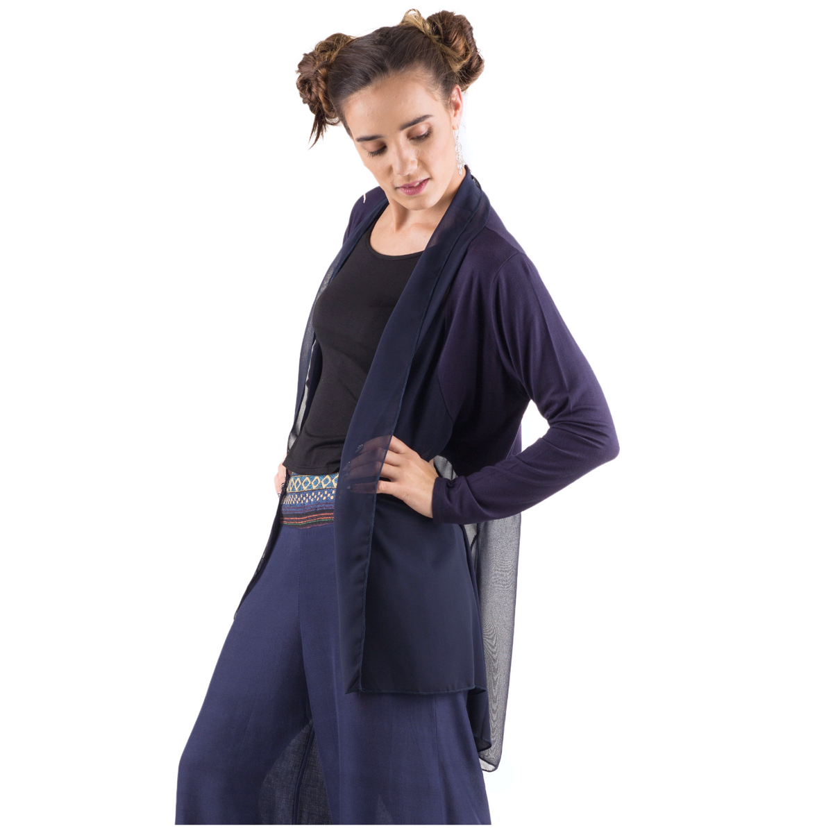 Elegant Chiffon Accented Stretchy Rayon Cardigan