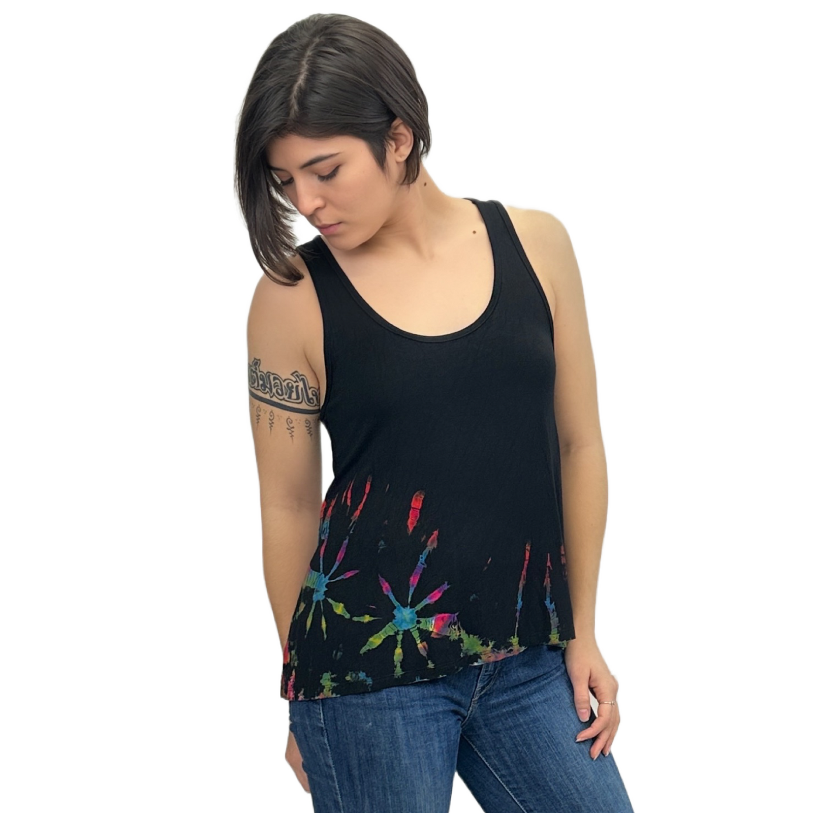 Half Tie-Dye Sleeveless Button Back Rayon Tank Top
