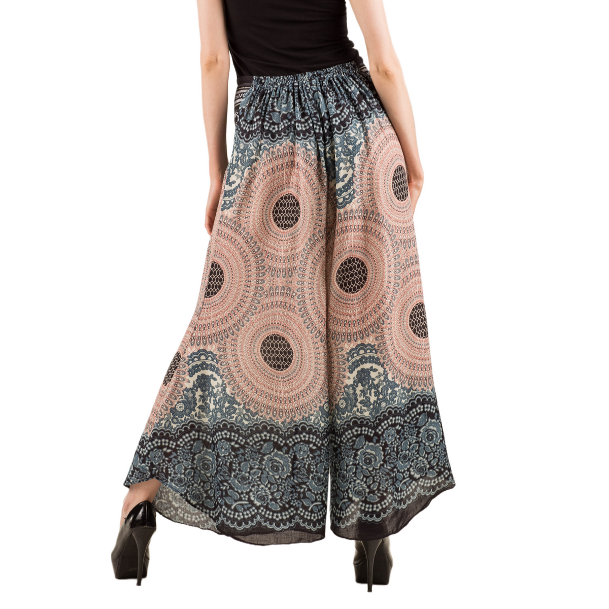 Honeycomb Flower Mandala Embroidered Waistband Rayon Palazzo Pants