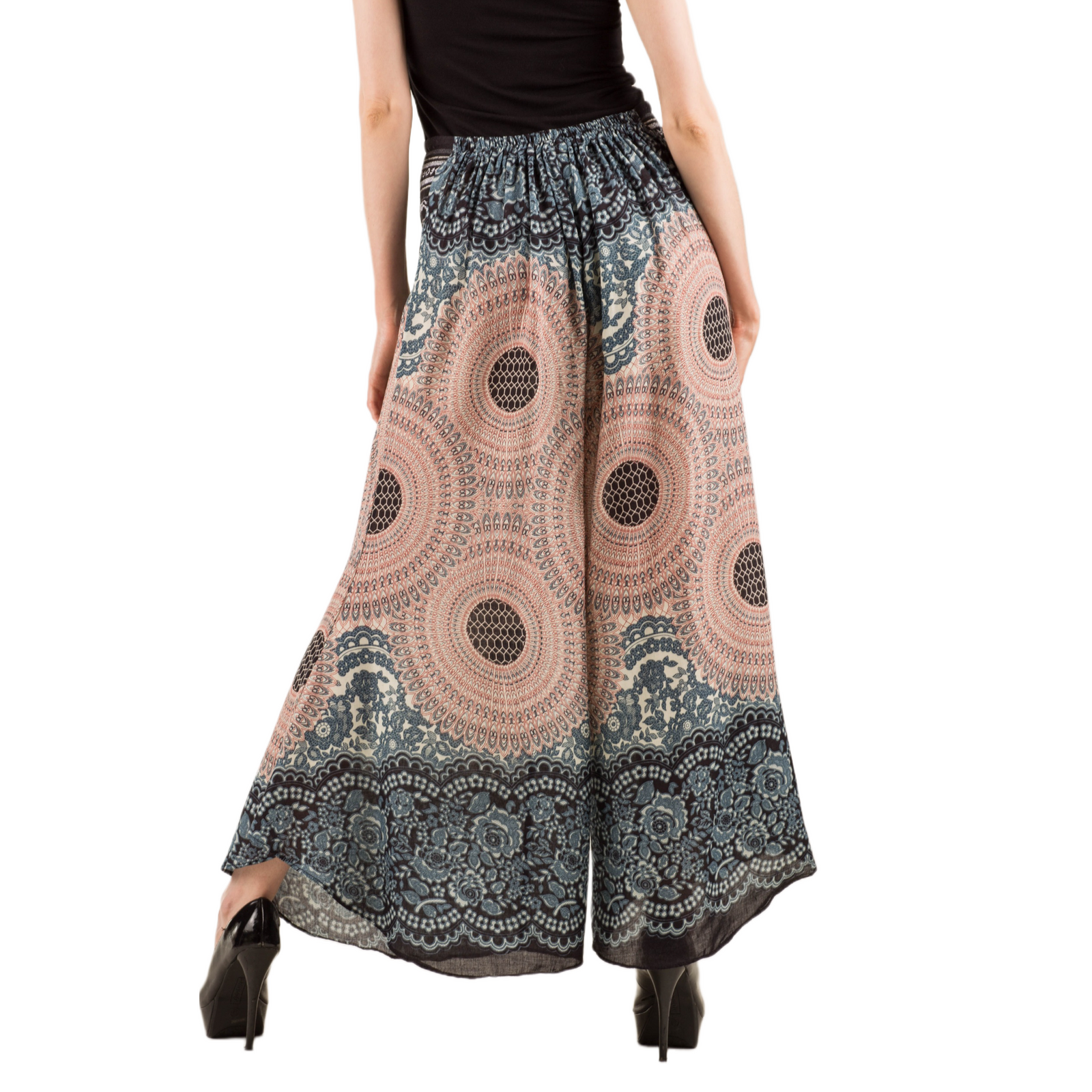Honeycomb Flower Mandala Embroidered Waistband Rayon Palazzo Pants