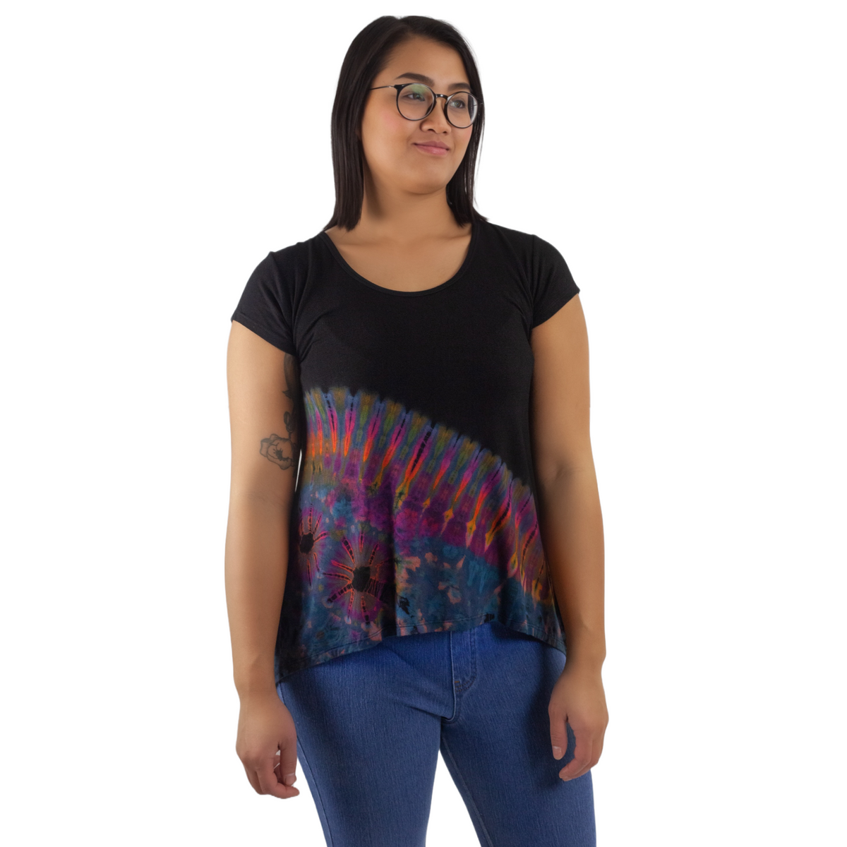 Half Tie-Dye Cap Sleeve Button Back Rayon Top