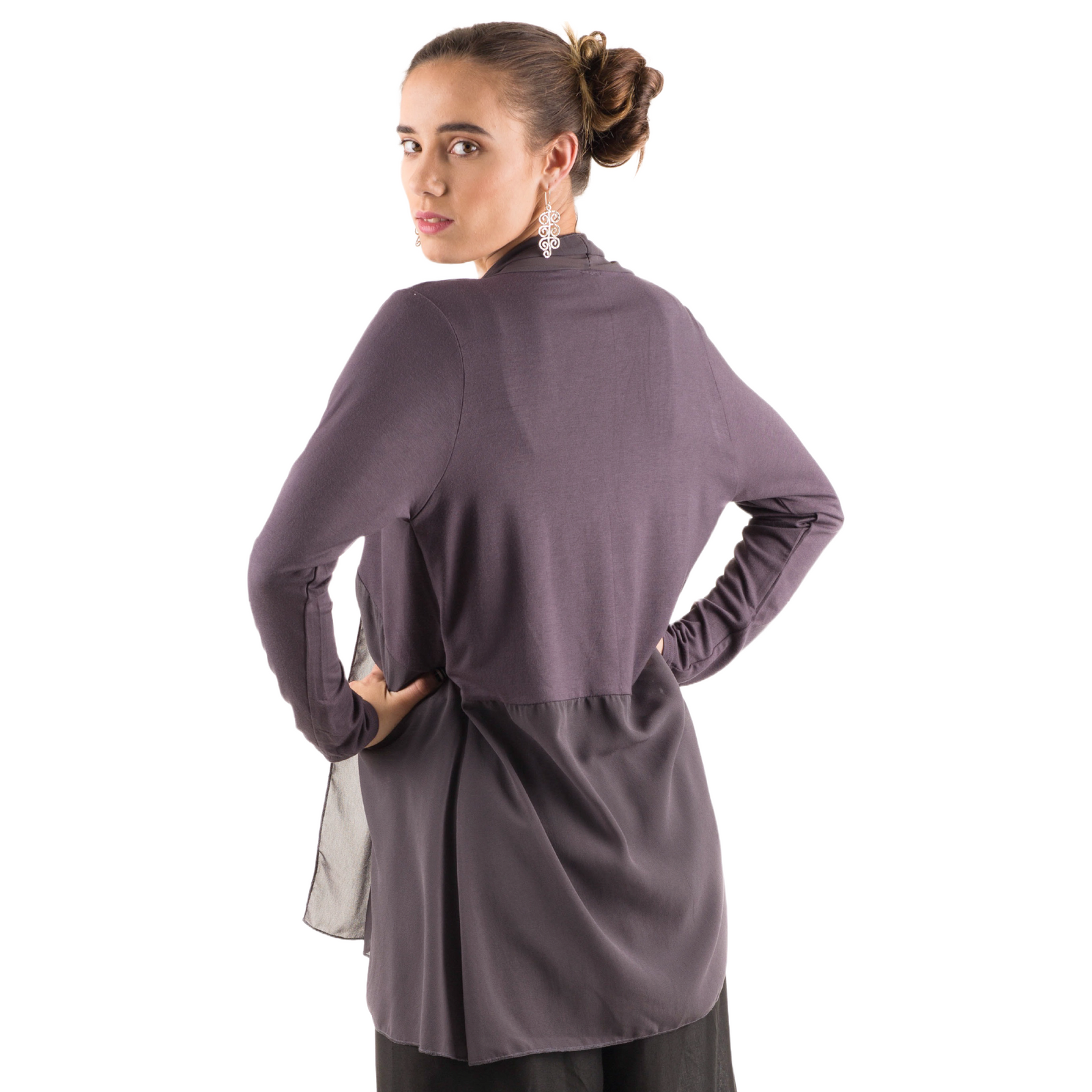 Elegant Chiffon Accented Stretchy Rayon Cardigan