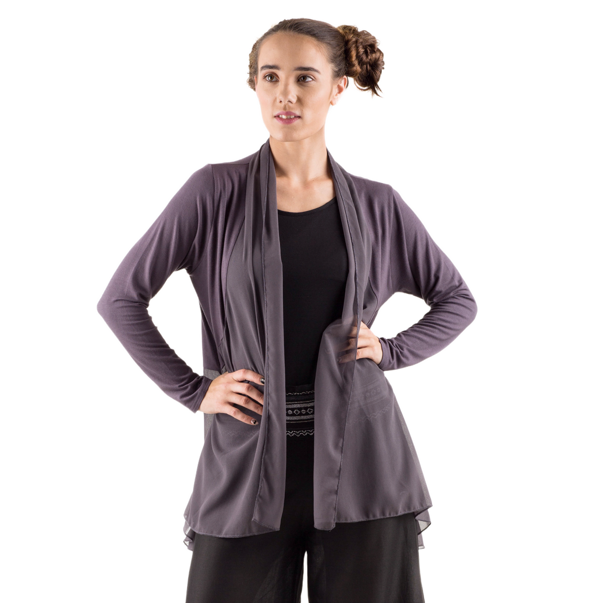 Elegant Chiffon Accented Stretchy Rayon Cardigan