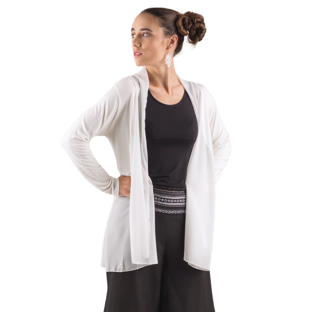 Elegant Chiffon Accented Stretchy Rayon Cardigan