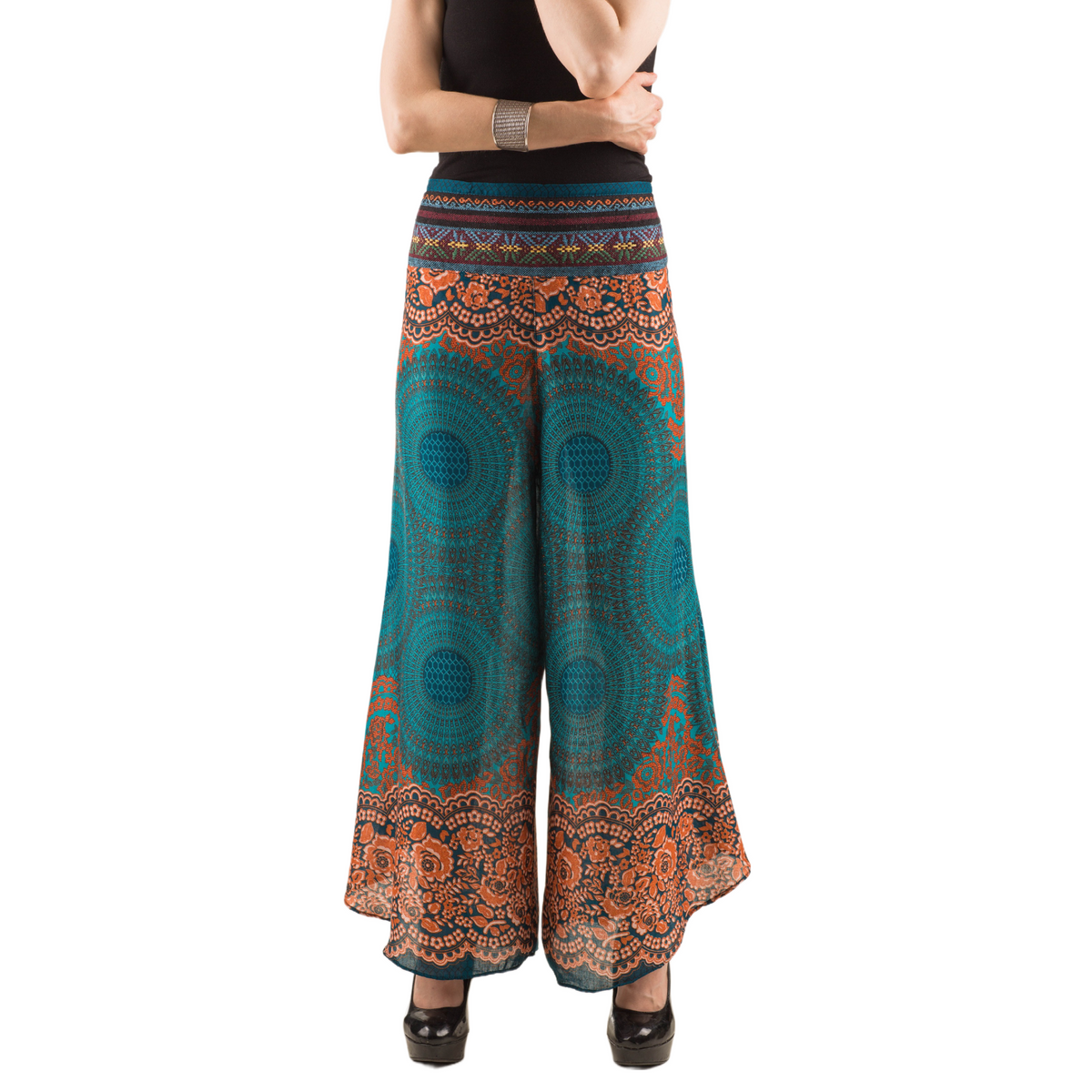 Honeycomb Flower Mandala Embroidered Waistband Rayon Palazzo Pants
