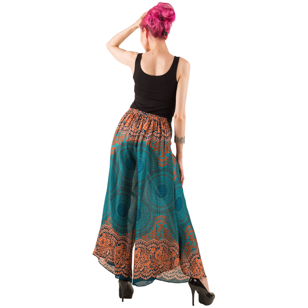 Honeycomb Flower Mandala Embroidered Waistband Rayon Palazzo Pants