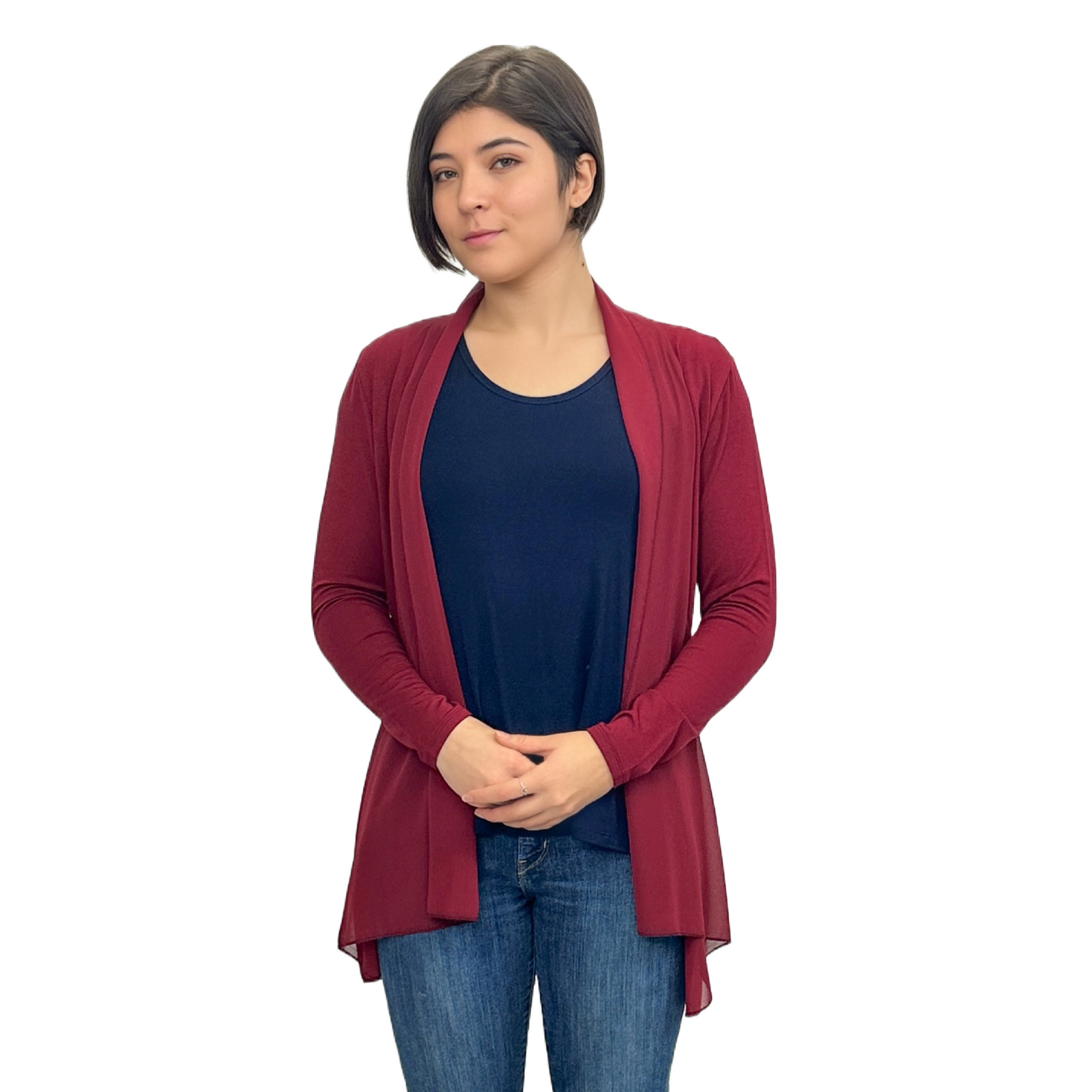 Elegant Chiffon Accented Stretchy Rayon Cardigan